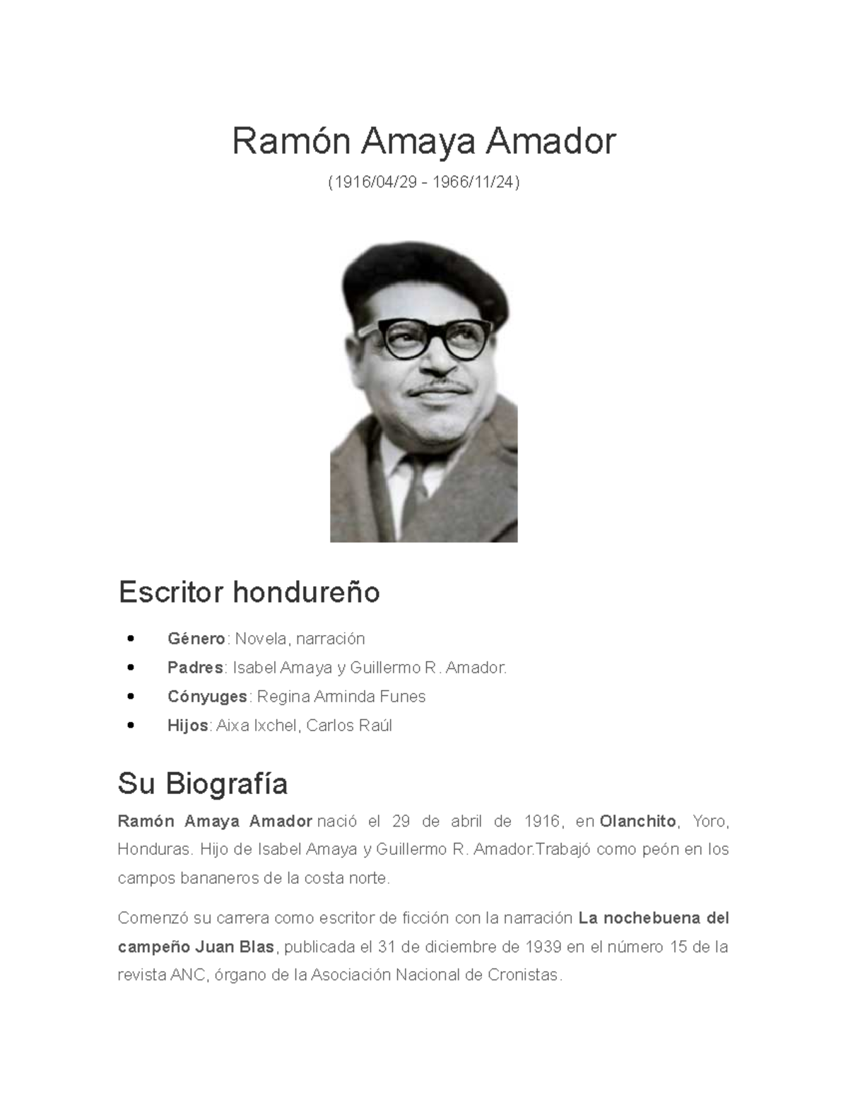 Biografía de Ramón Amaya Amador - Resumen y Aportes Literarios - Studocu