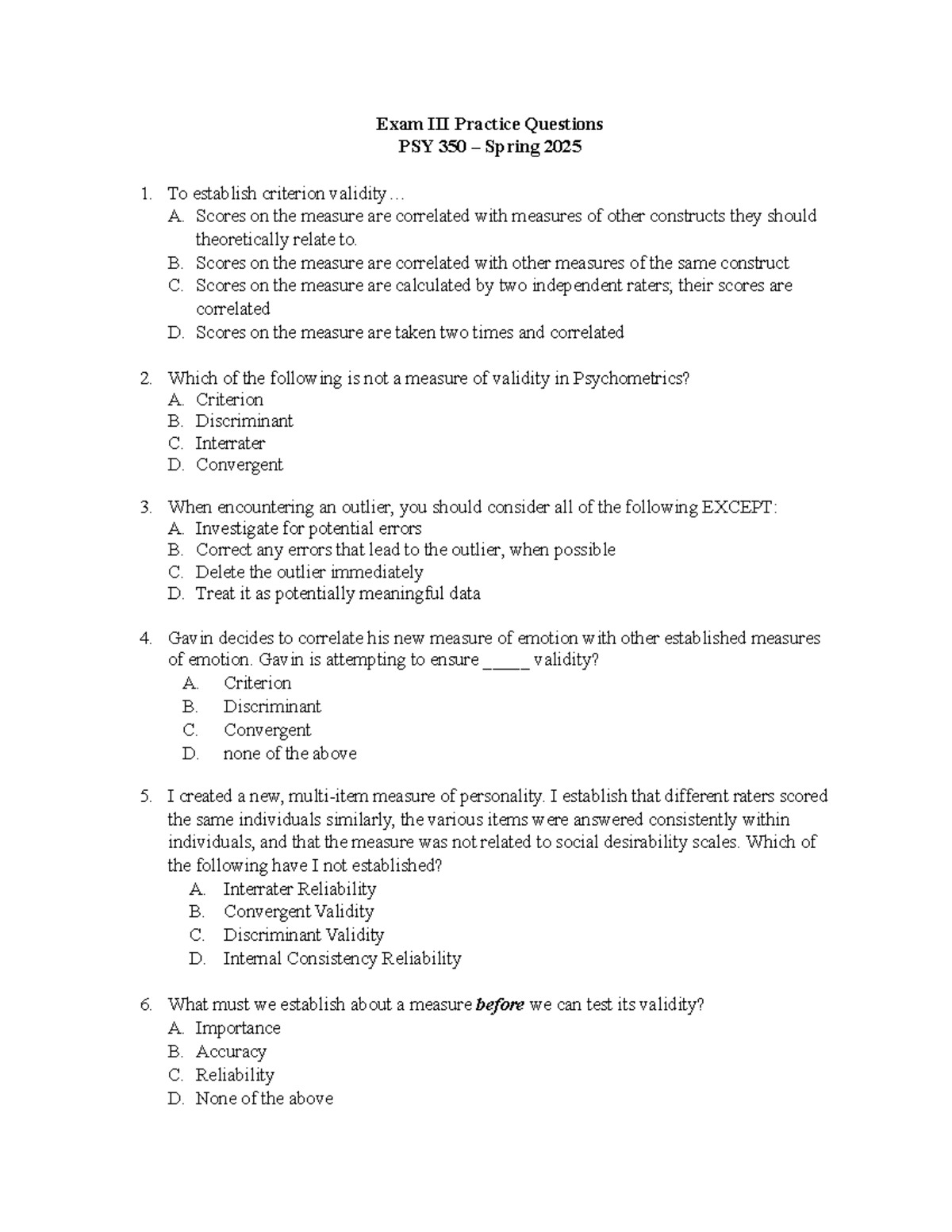 Exam III Practice Questions for PSY 350 - Spring 2025 - Studocu