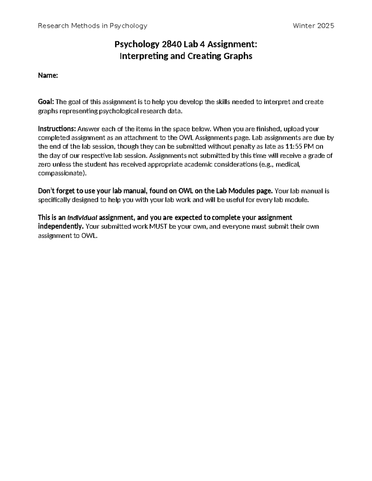 Psych 2840G Lab 4 Assignment - Graphing Worksheet - Psychology 2840 Lab ...