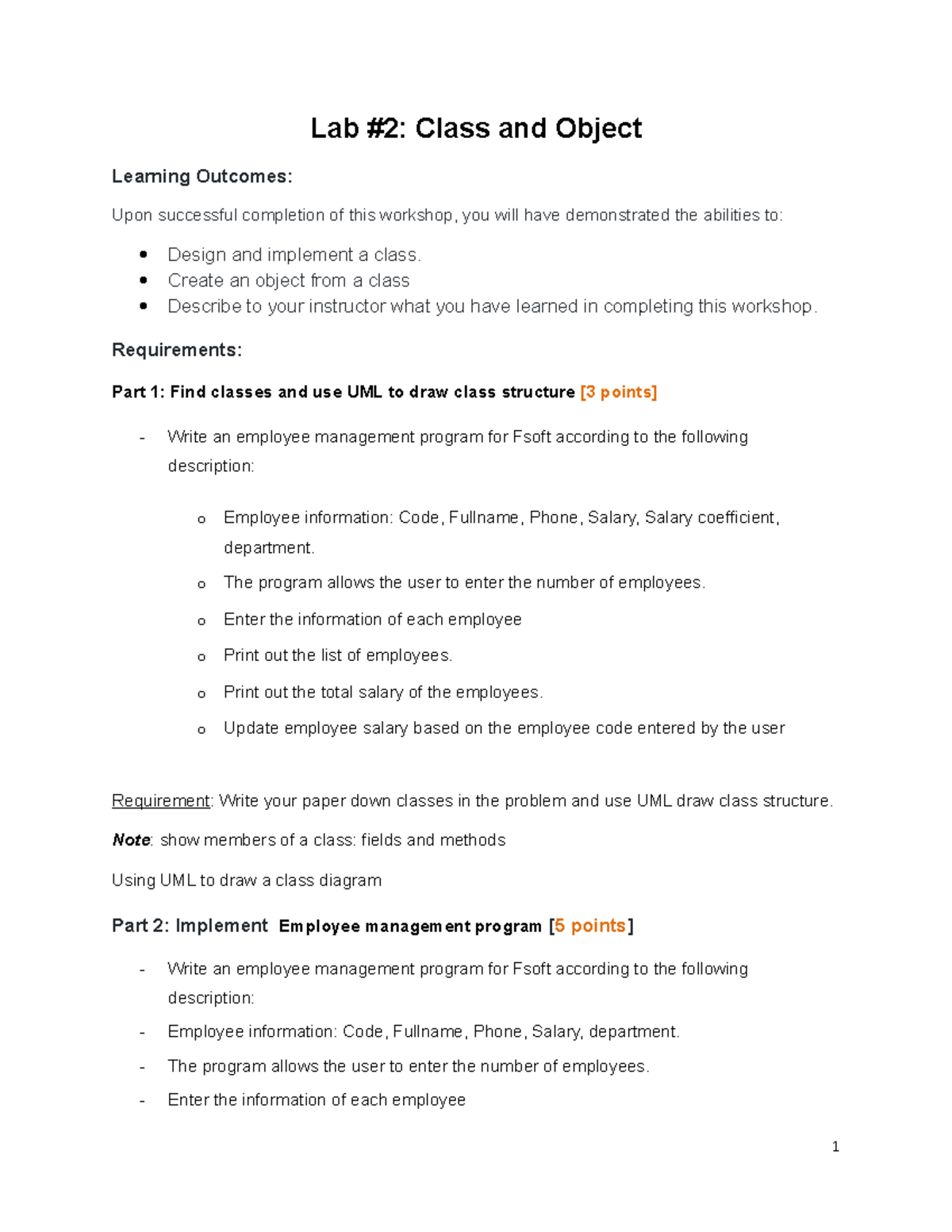Lab 2 - Employee Management Class & Object Implementation - Studocu