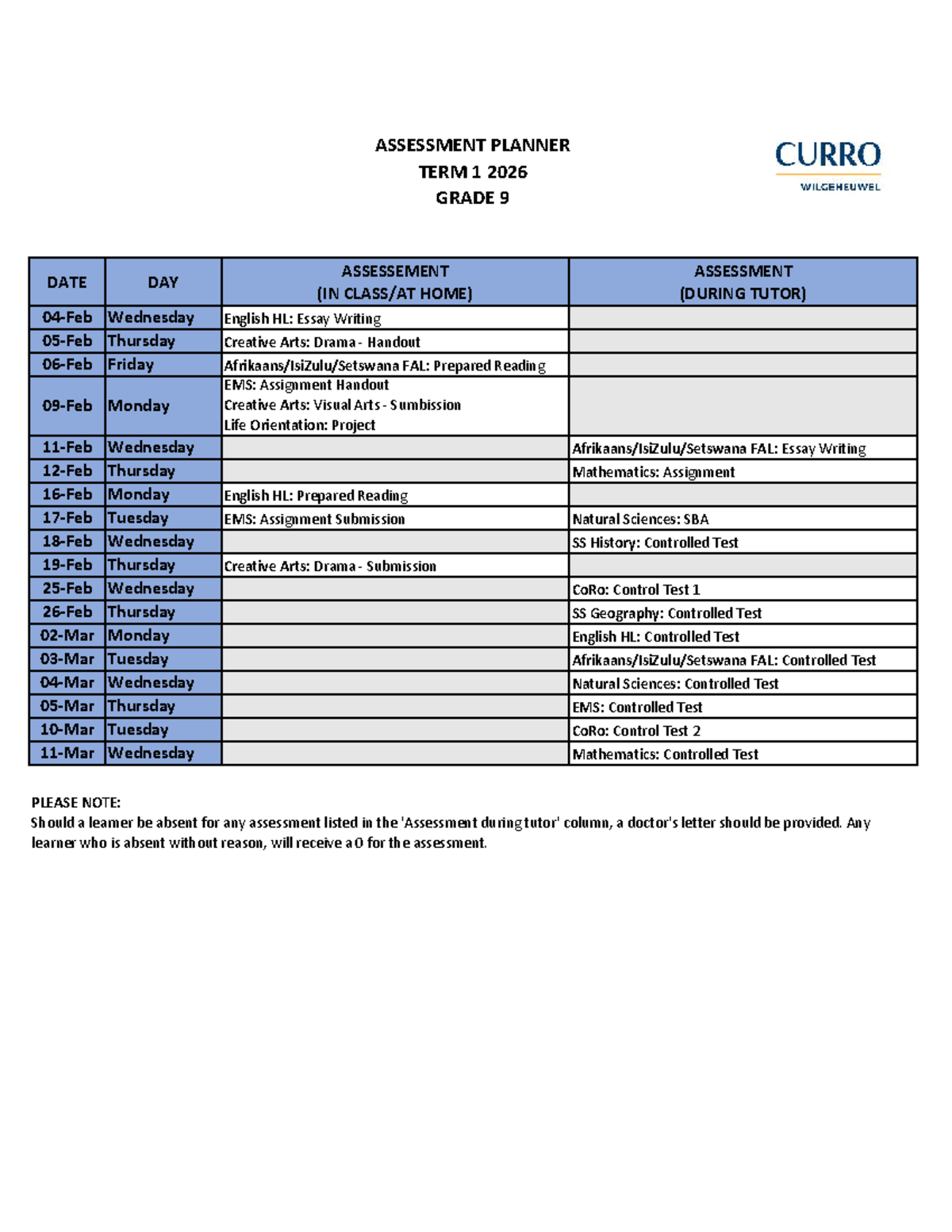 Grade 9 Assessment Planner Term 1 2026: Key Dates & Tasks - Studocu