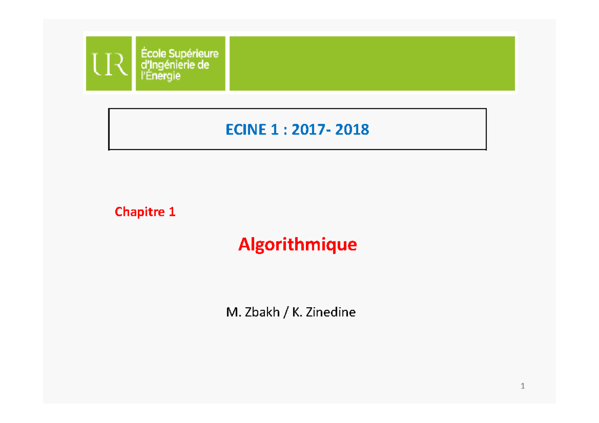 ECINE 1 : Chapitre 1 - Introduction à l'Algorithmique - Studocu