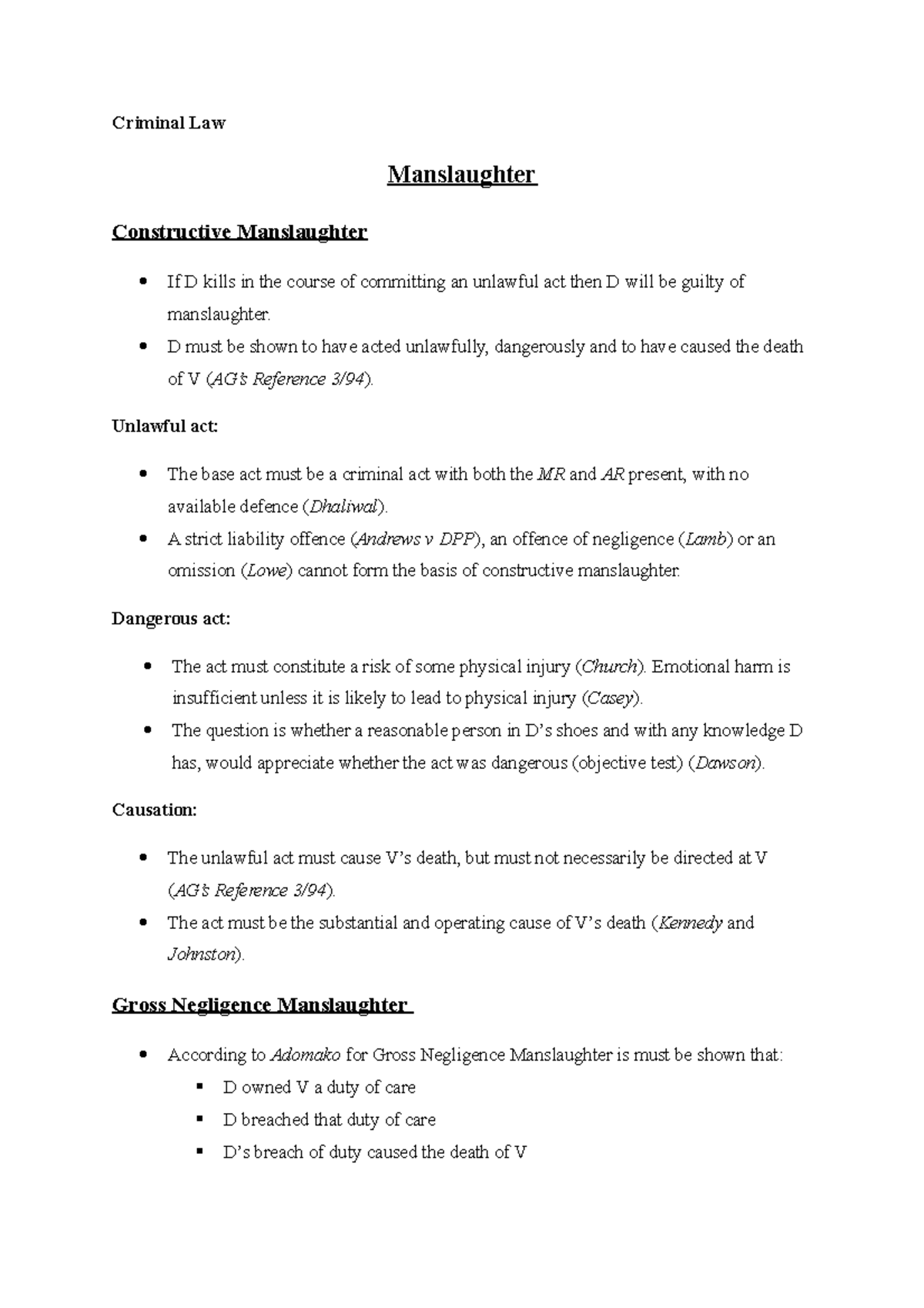Manslaughter - Criminal Law Lecture Notes 6-7 Insights - Studocu