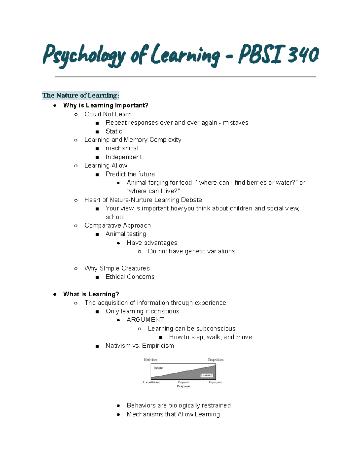 Psychology of Learning: PBSI 340 Overview and Key Concepts - Studocu