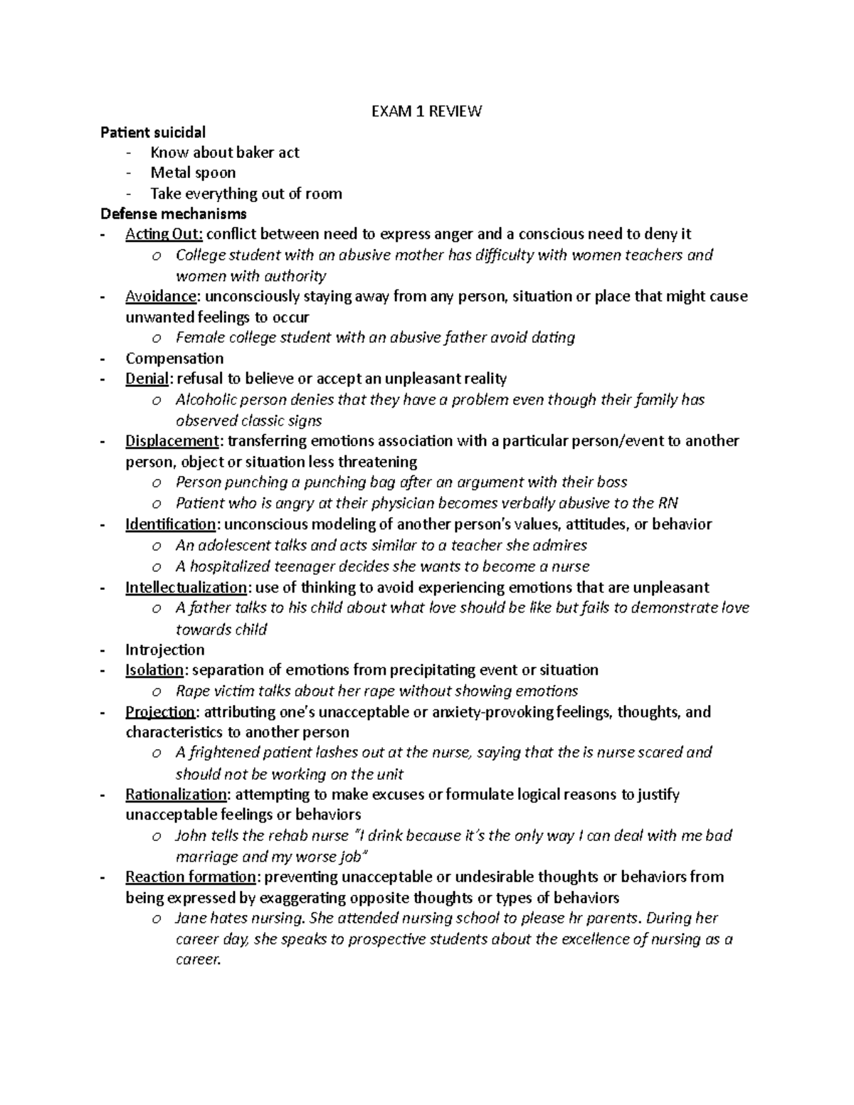 NUR 4250 Psych Exam 1: Key Concepts and Defense Mechanisms Review - Studocu