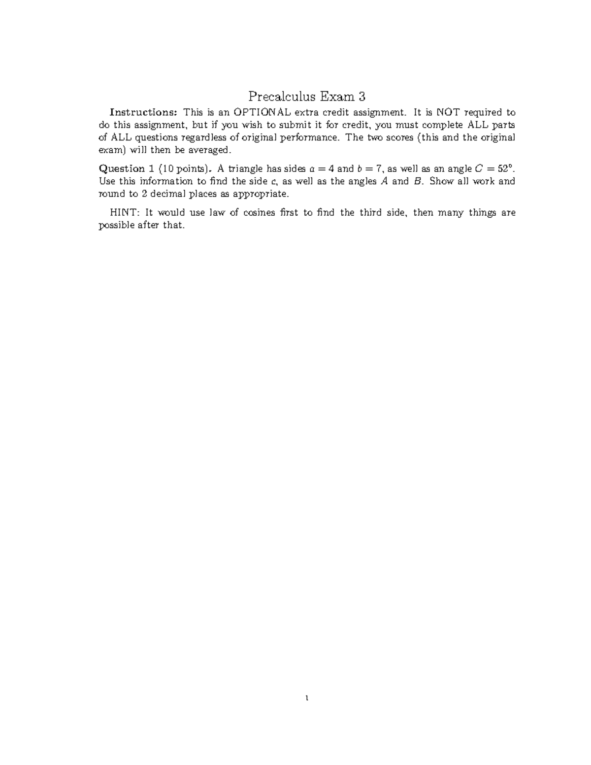 Practice Test for Precalculus Exam 3 1113 - Extra Credit Assignment ...