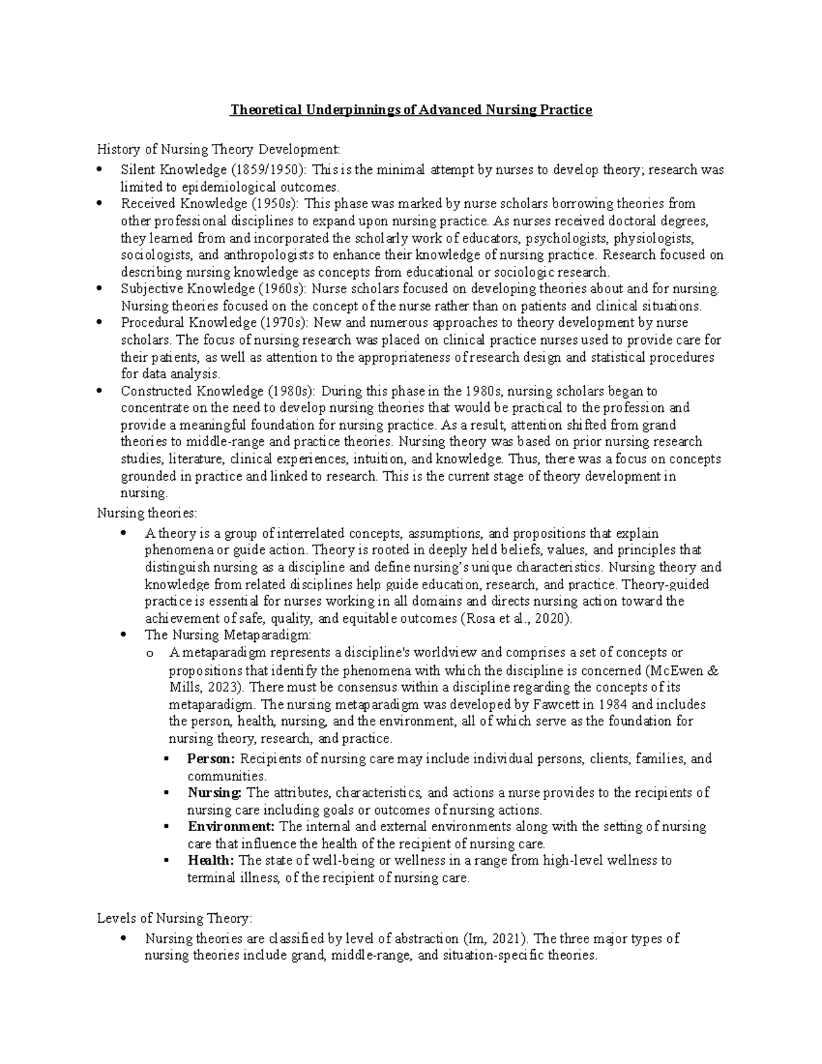 Week 3 - Theoretical Foundations of Advanced Nursing Practice - Studocu