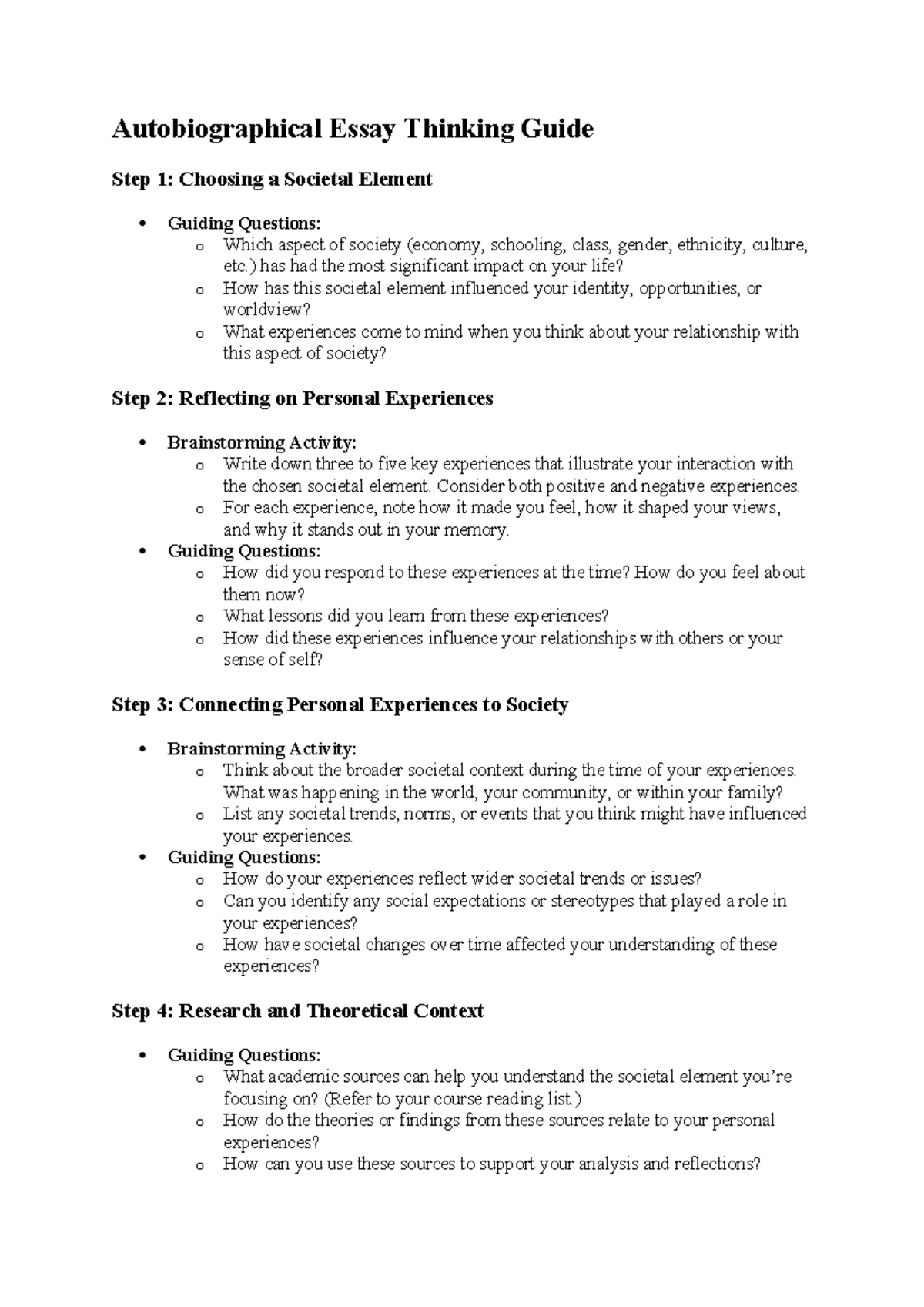 ENG 101: Autobiographical Essay Reflection & Guiding Steps - Studocu