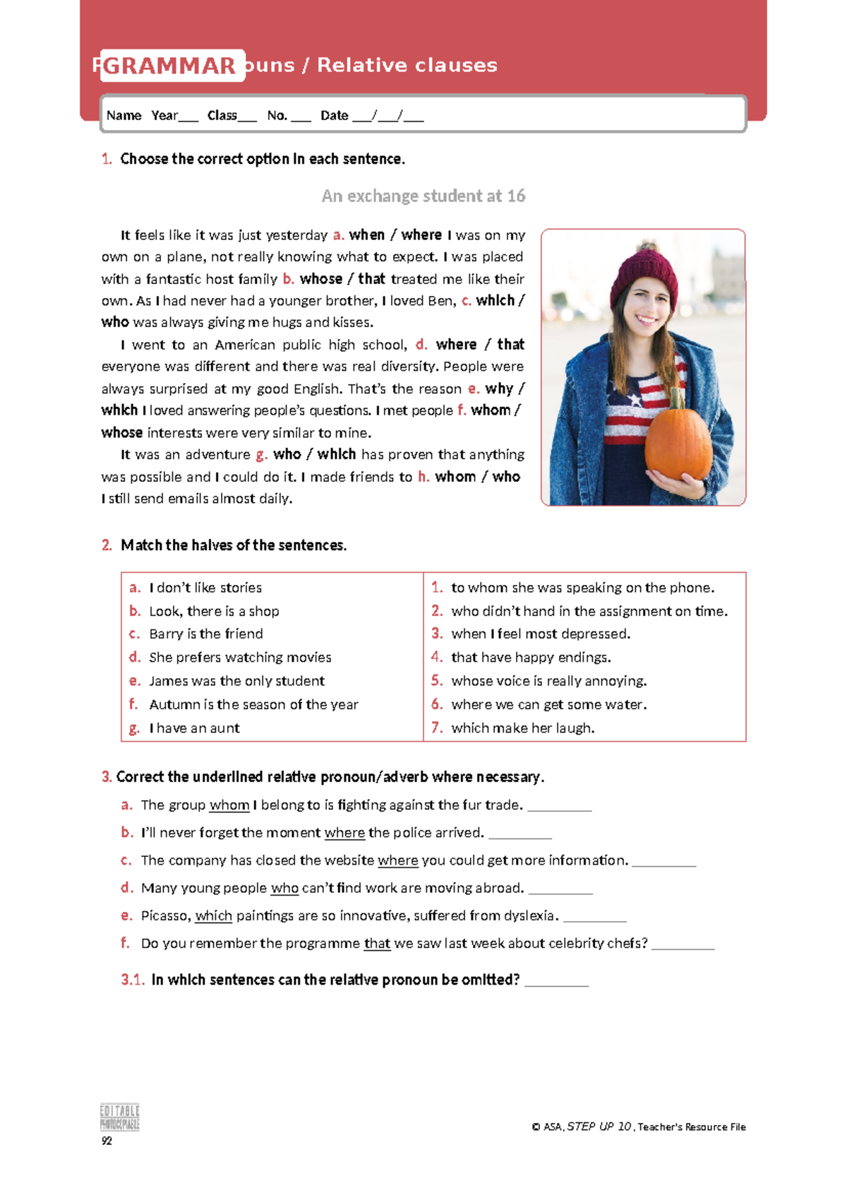Grammar: Relative Pronouns & Clauses - STEP UP 10 Resource File - Studocu