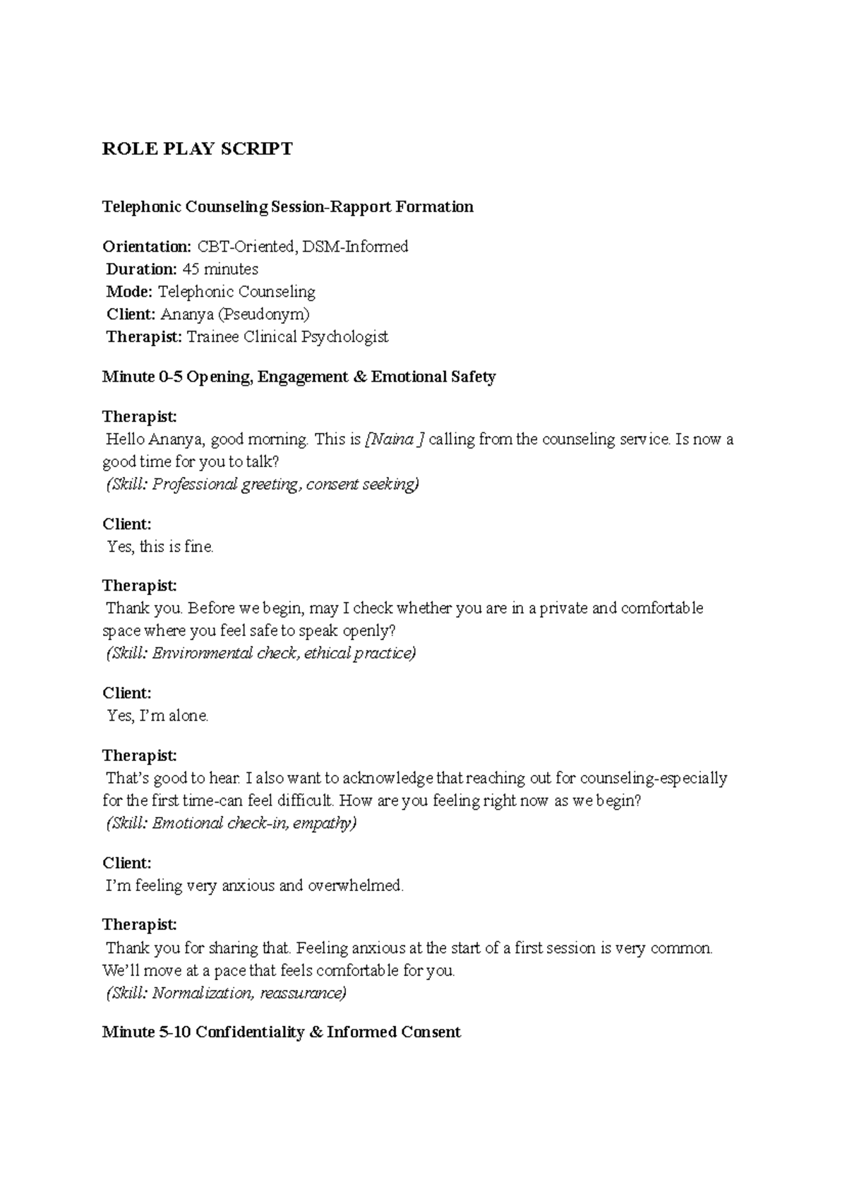 Telephonic Counseling Role Play Script: Rapport Building Techniques ...