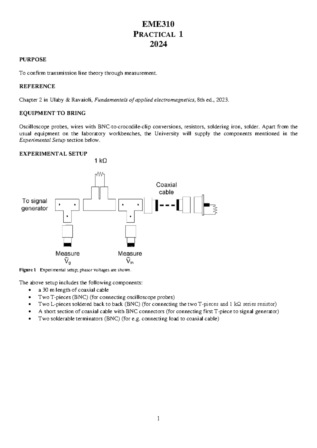 EME310 Practical 1 Guide 2024: Transmission Line Theory Confirmation ...