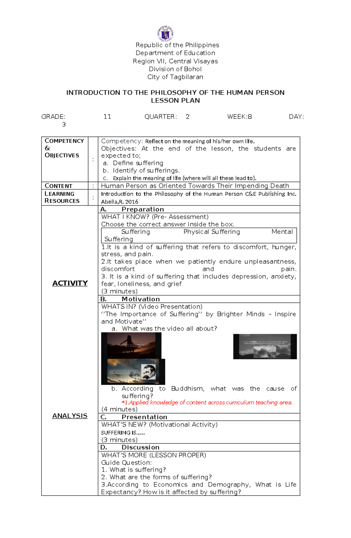 COT-DLP - Lesson Plan on Philosophy & Social Science Concepts for Grade ...
