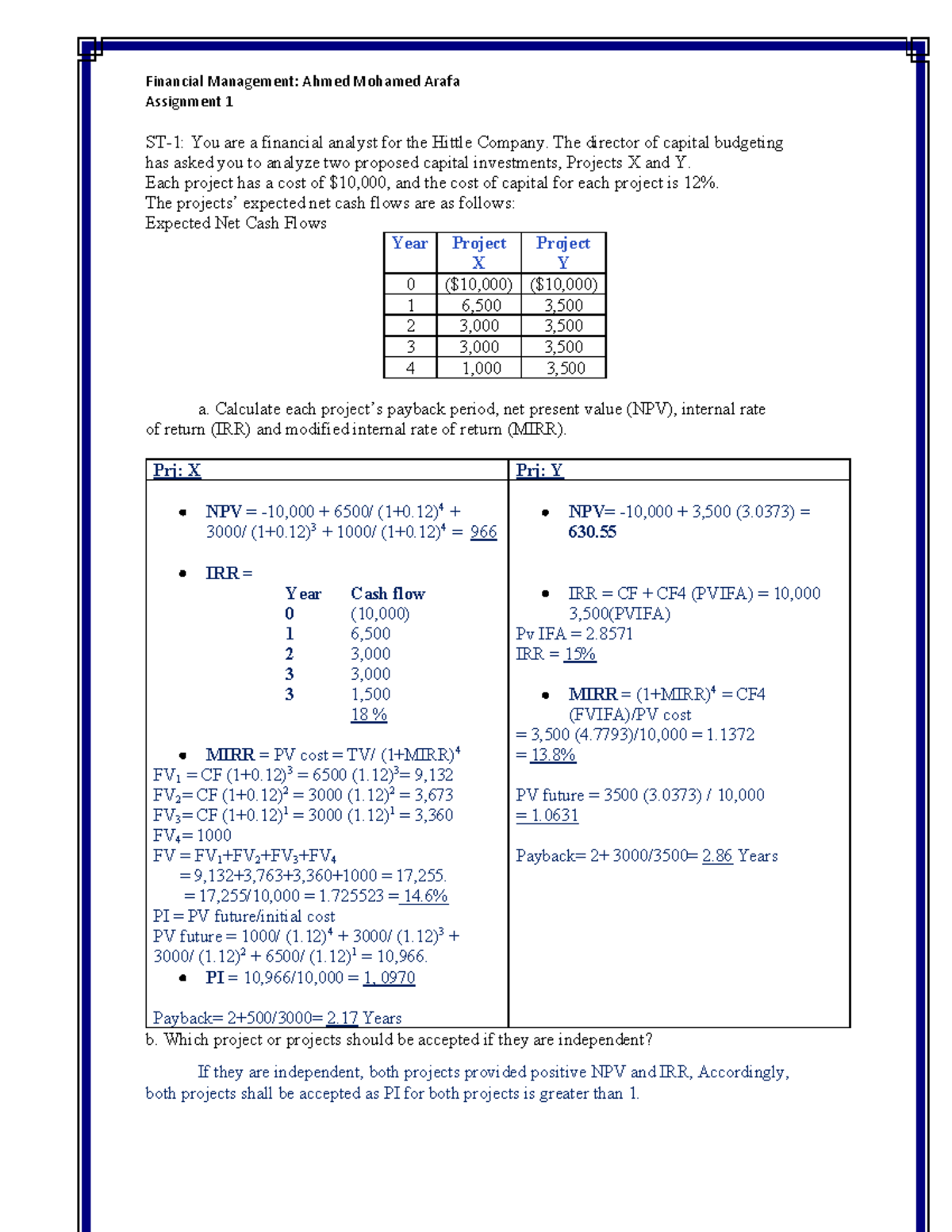 Assignment 1 - Financial Analysis of Capital Investments (ST-1) - Document Preview