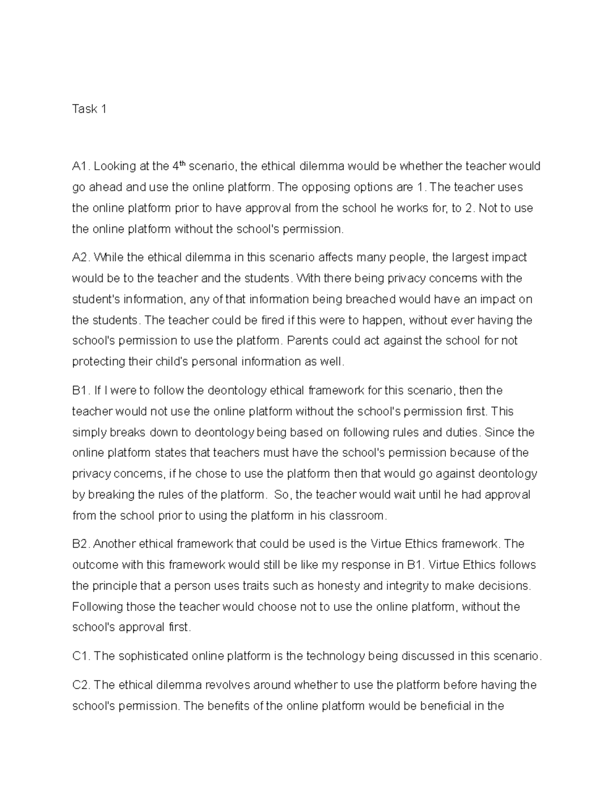 Ethical Dilemma Analysis: Task 1 A1 - Online Platform Use - Studocu