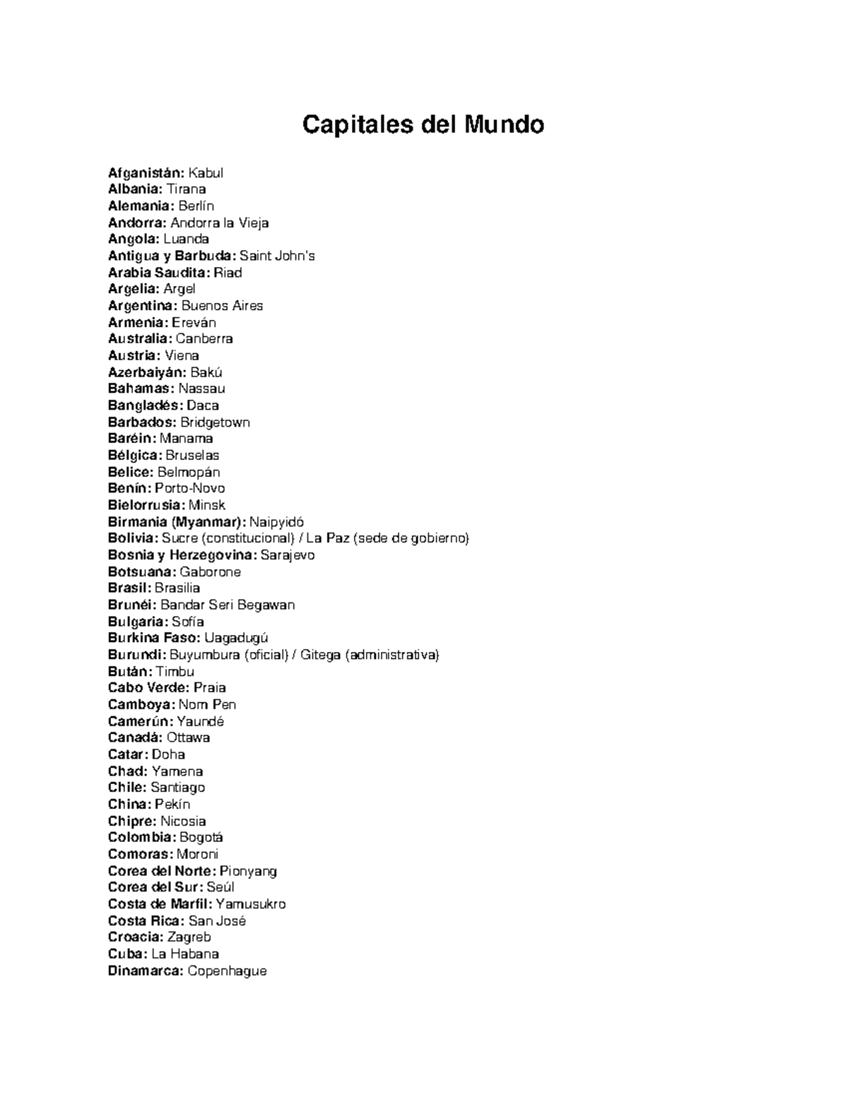 Capitales del Mundo: Lista Completa por Países - Studocu