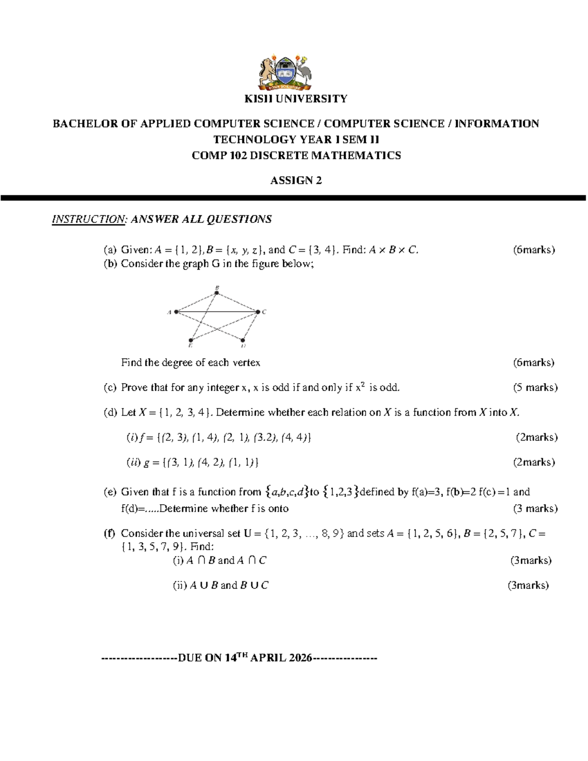 COMP 102 Discrete Mathematics Assignment 2 - Year I, Sem II - Studocu