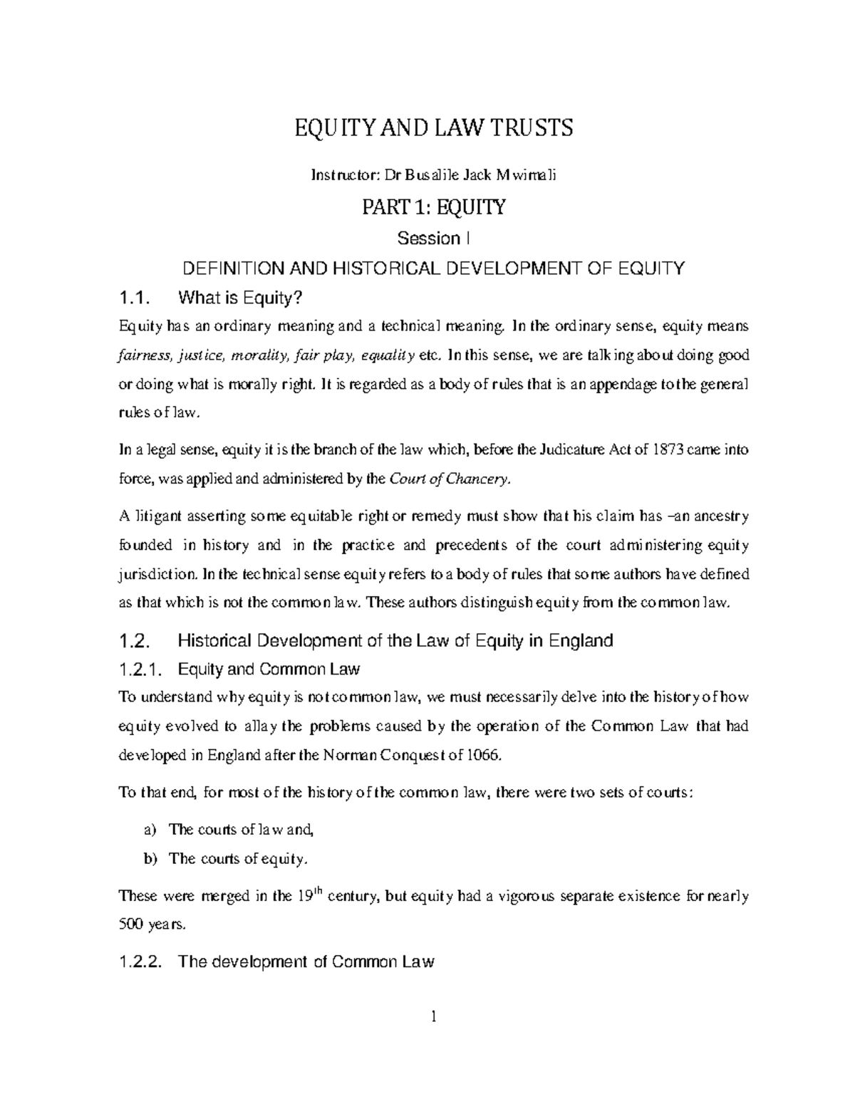 Equity And Law Of Trusts Course Outline 2020 - SCHOOL OF LAW EQUITY ...