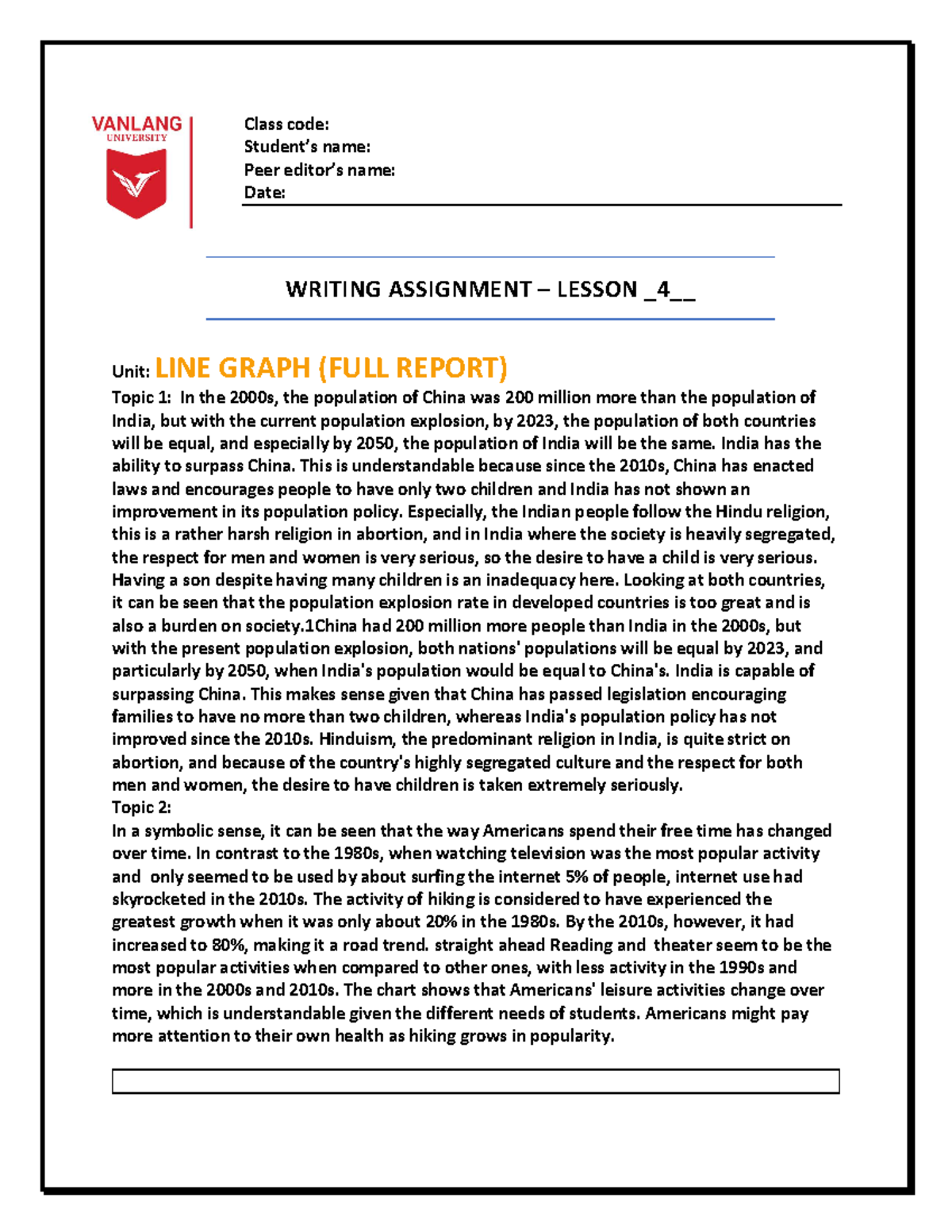 Writng - anh van - Class code: Student’s name: Peer editor’s name: Date ...