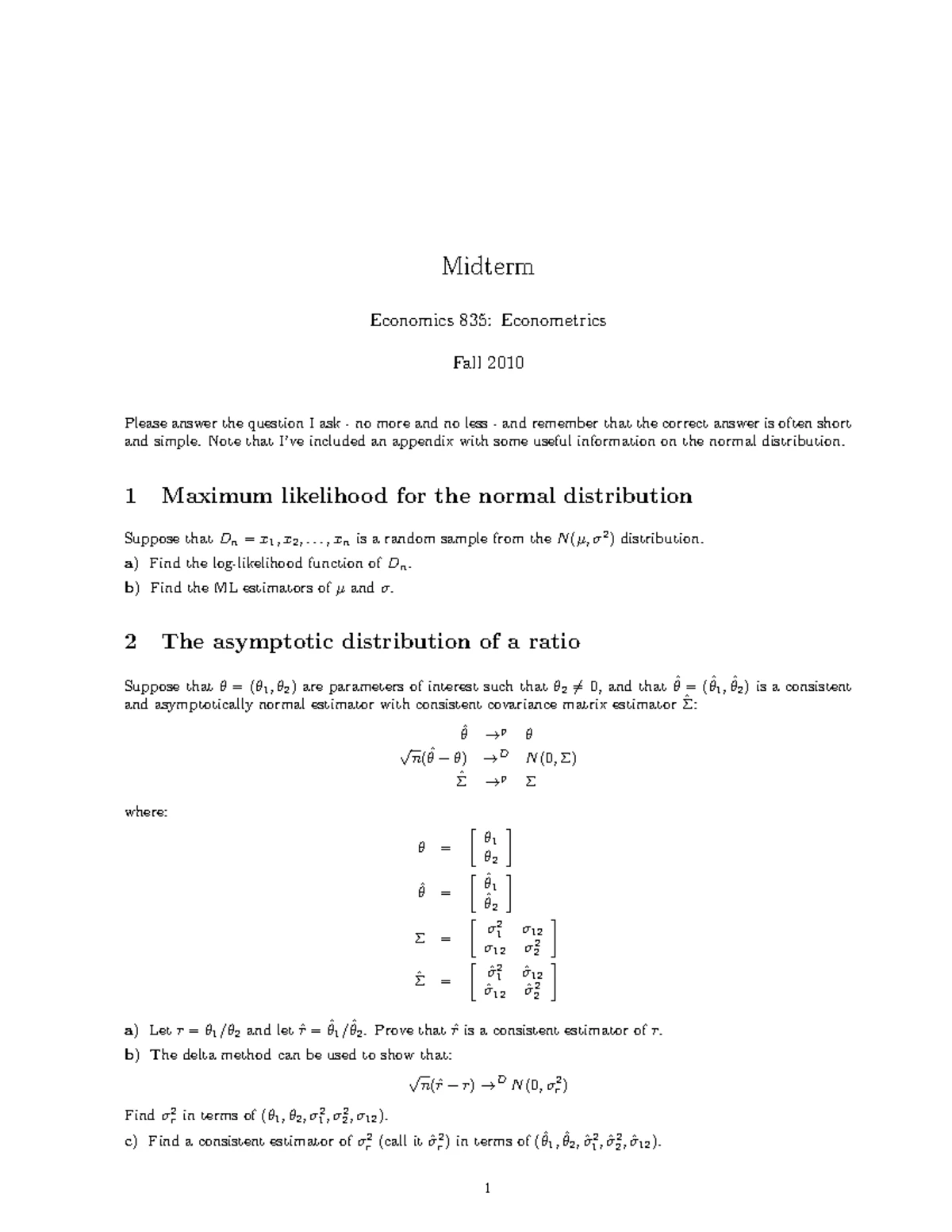 Fall 2011 Midterm Exam Answer Key - Midterm Answer Key Economics 835 ...