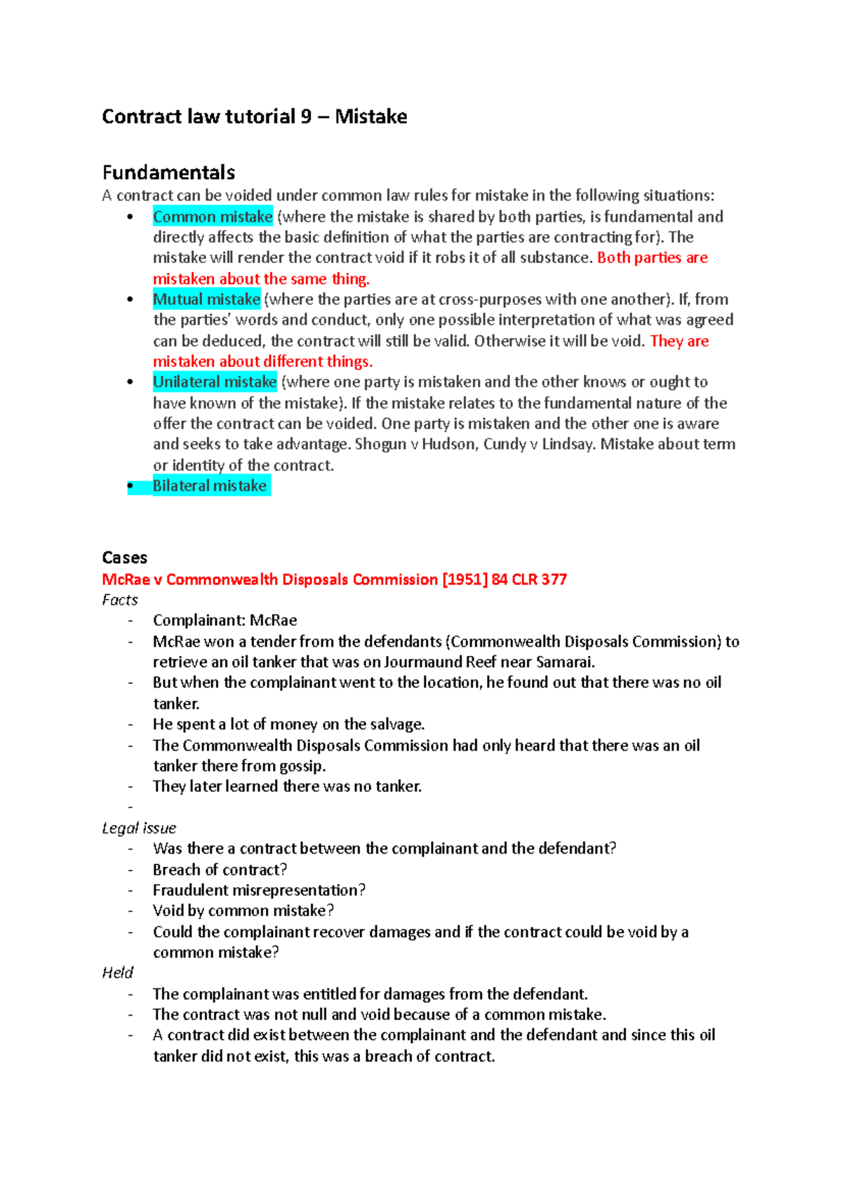 Contract Law Tutorial 9: Understanding Mistakes in Contracts - Studocu