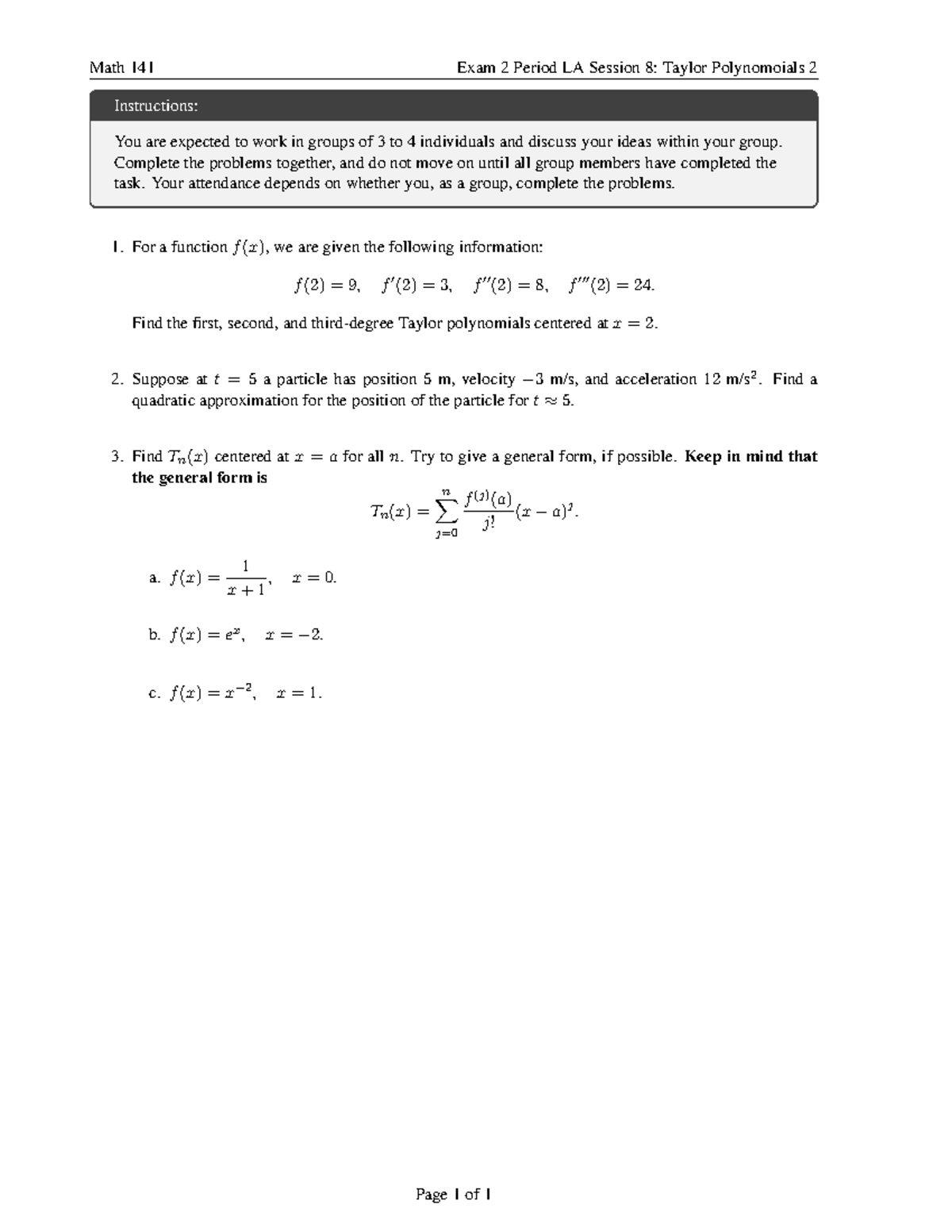 Math 141 Exam 2: Taylor Polynomials & Quadratic Approximations - Studocu