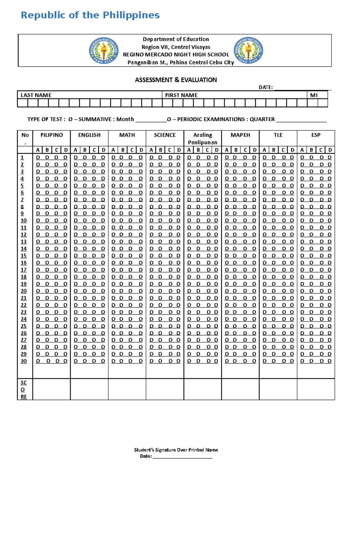 Answer- Sheet (Diagnostic - Republic of the Philippines Department of ...