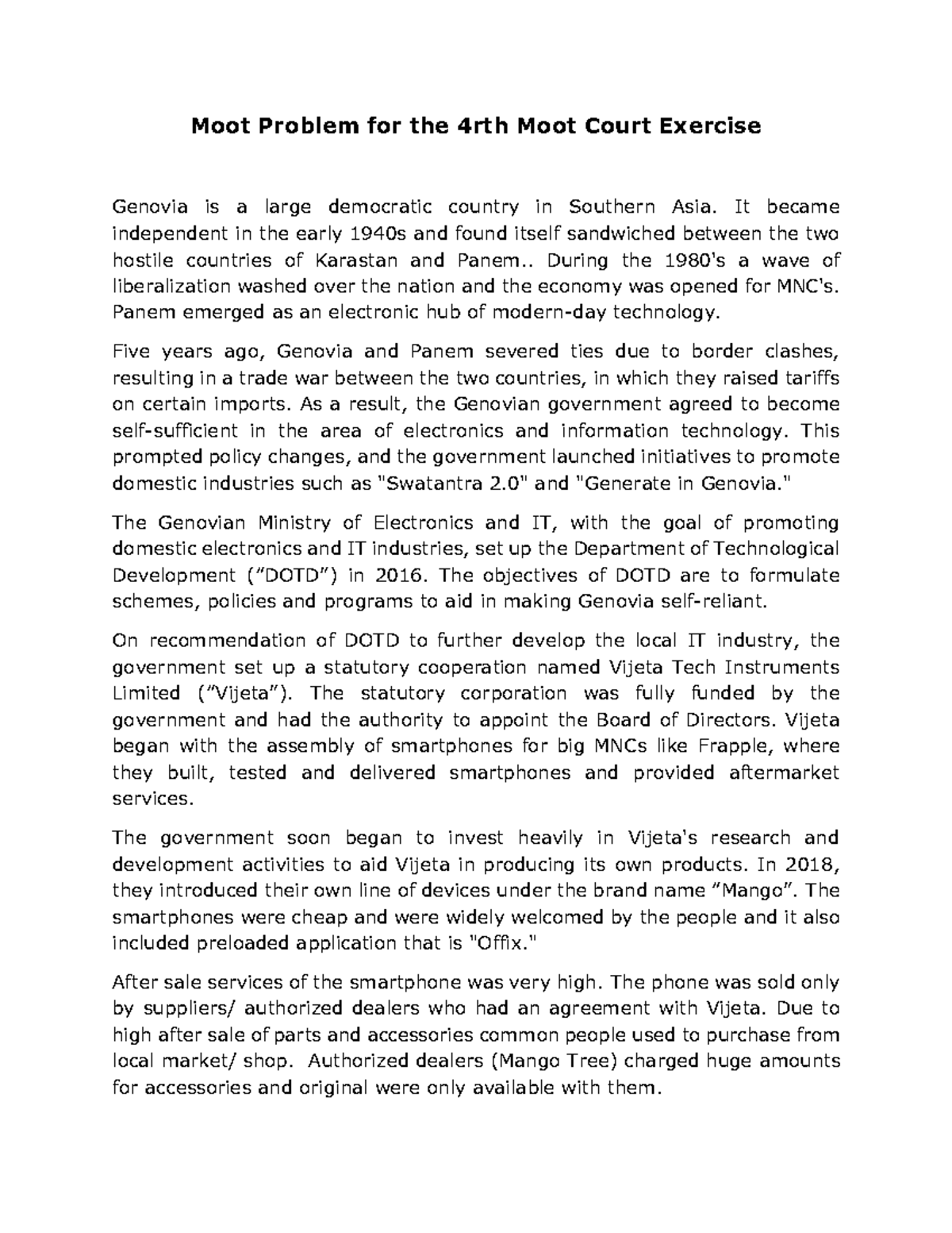 Final Year 4rth Moot Court Exercise - Moot Problem for the 4rth Moot ...