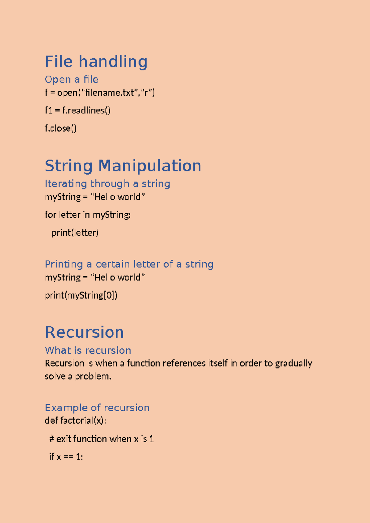 Programming Notes - File handling Open a file f = open(“filename”,”r ...