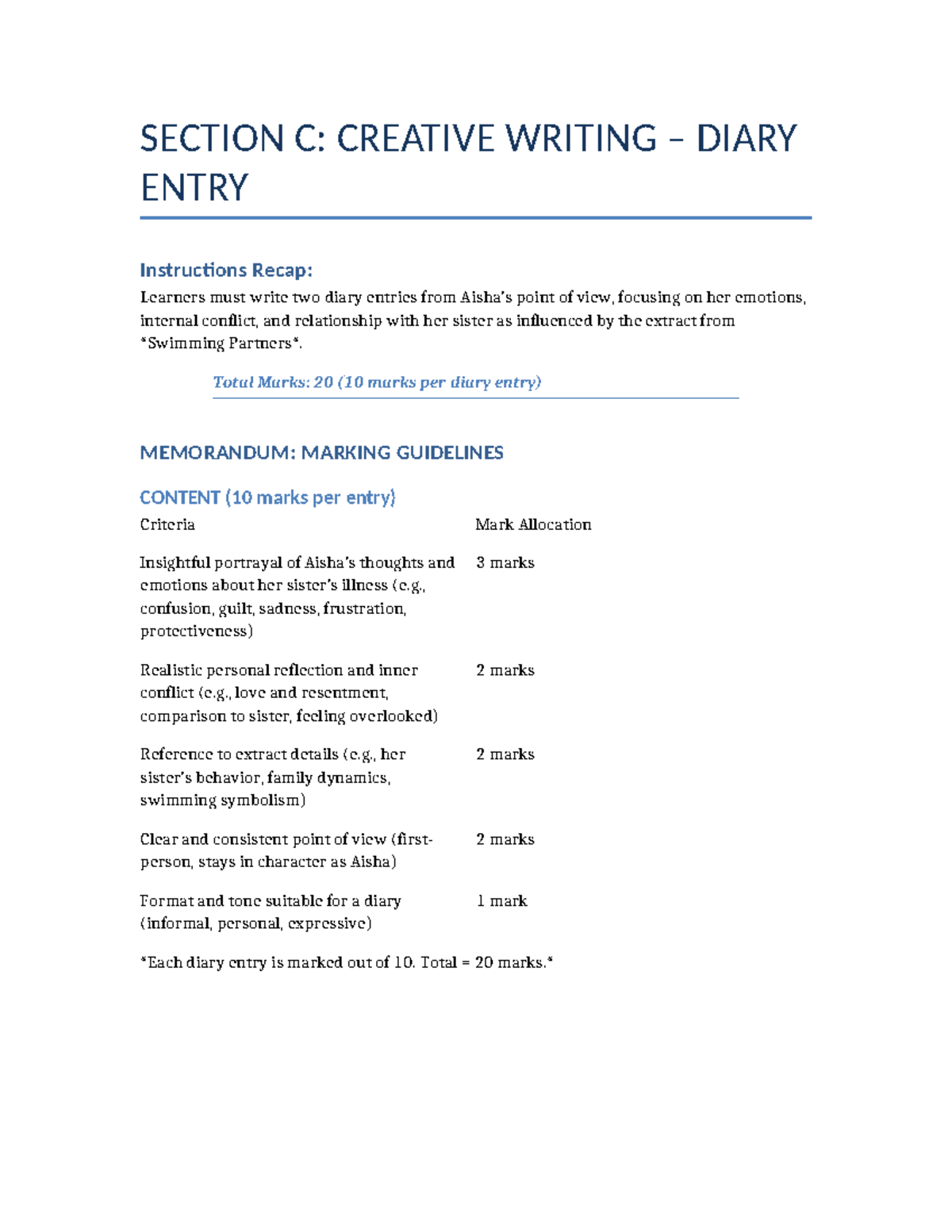Creative Writing Diary Entries: Swimming Partners Memo (Total Marks: 20 ...