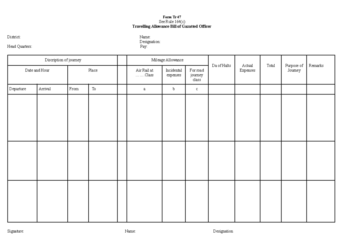Travelling Allowance Bill - TR47 for Gazetted Officers - Studocu