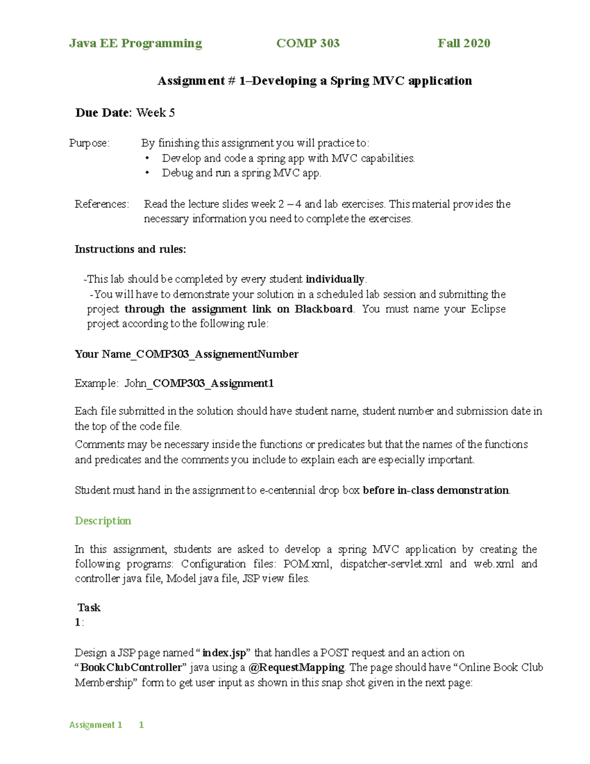 COMP303 004 Assignment 1: Spring MVC App Development Guide - Studocu