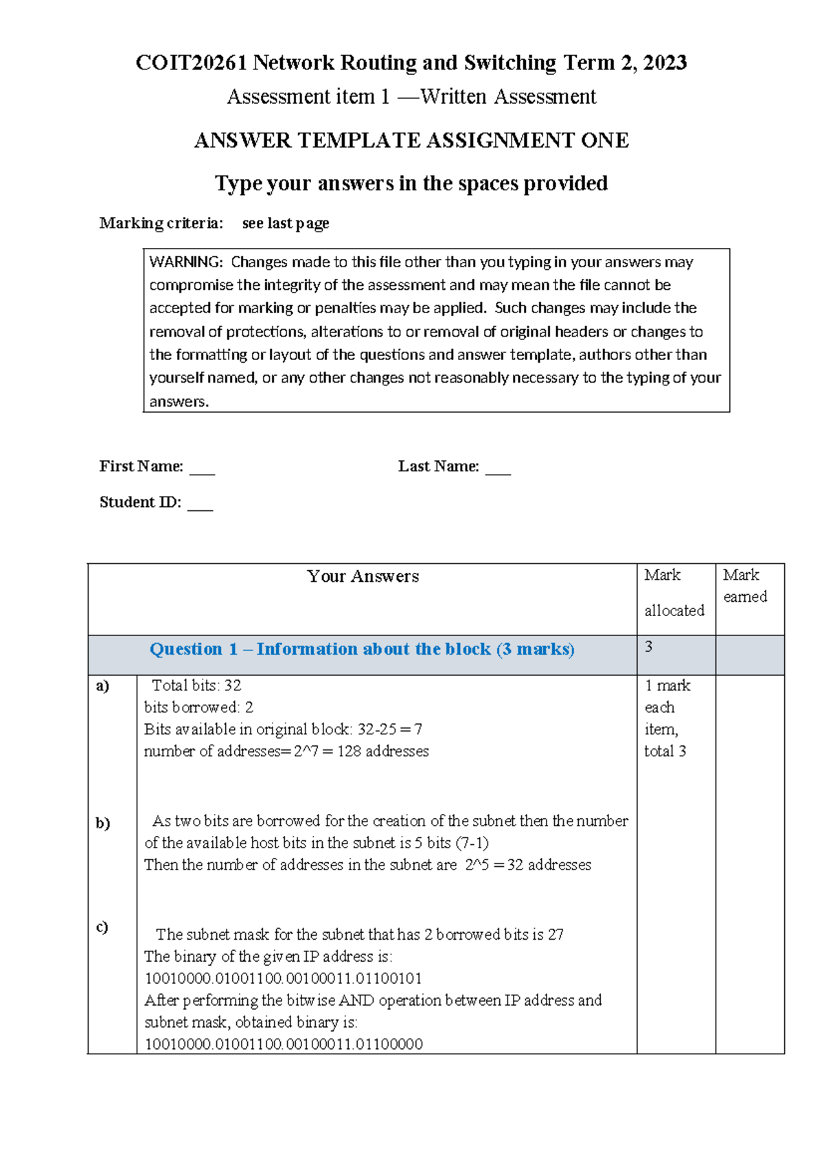 COIT20261 T223 Written Assessment Answer Template for Assignment One ...
