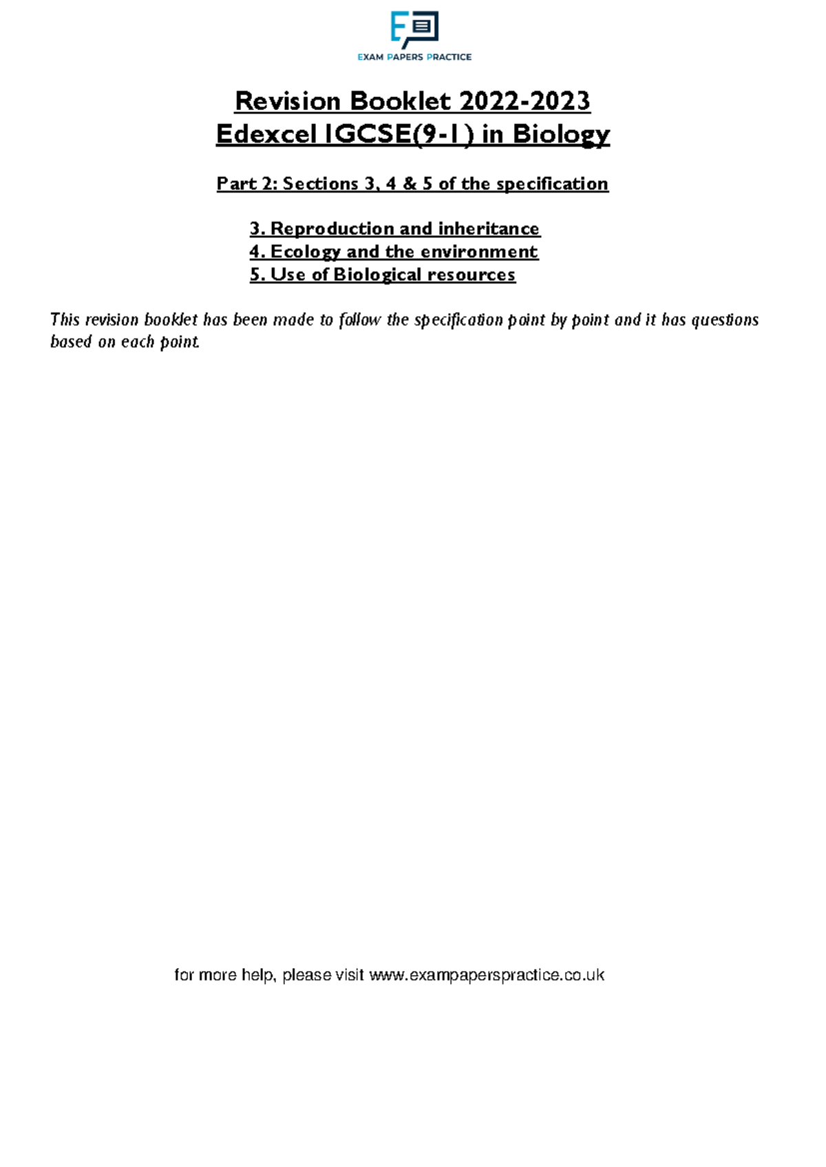 Edexcel IGCSE (9-1) Biology Revision Booklet 2022-2023: Part 2 Insights ...