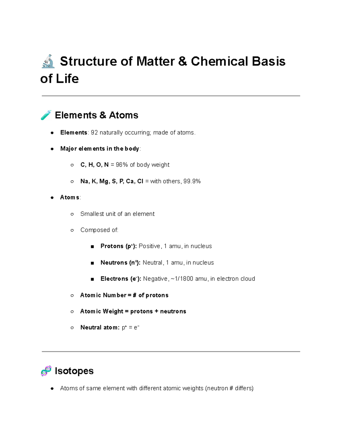 Biology 101: Structure of Matter & Chemical Basis of Life Notes - Studocu