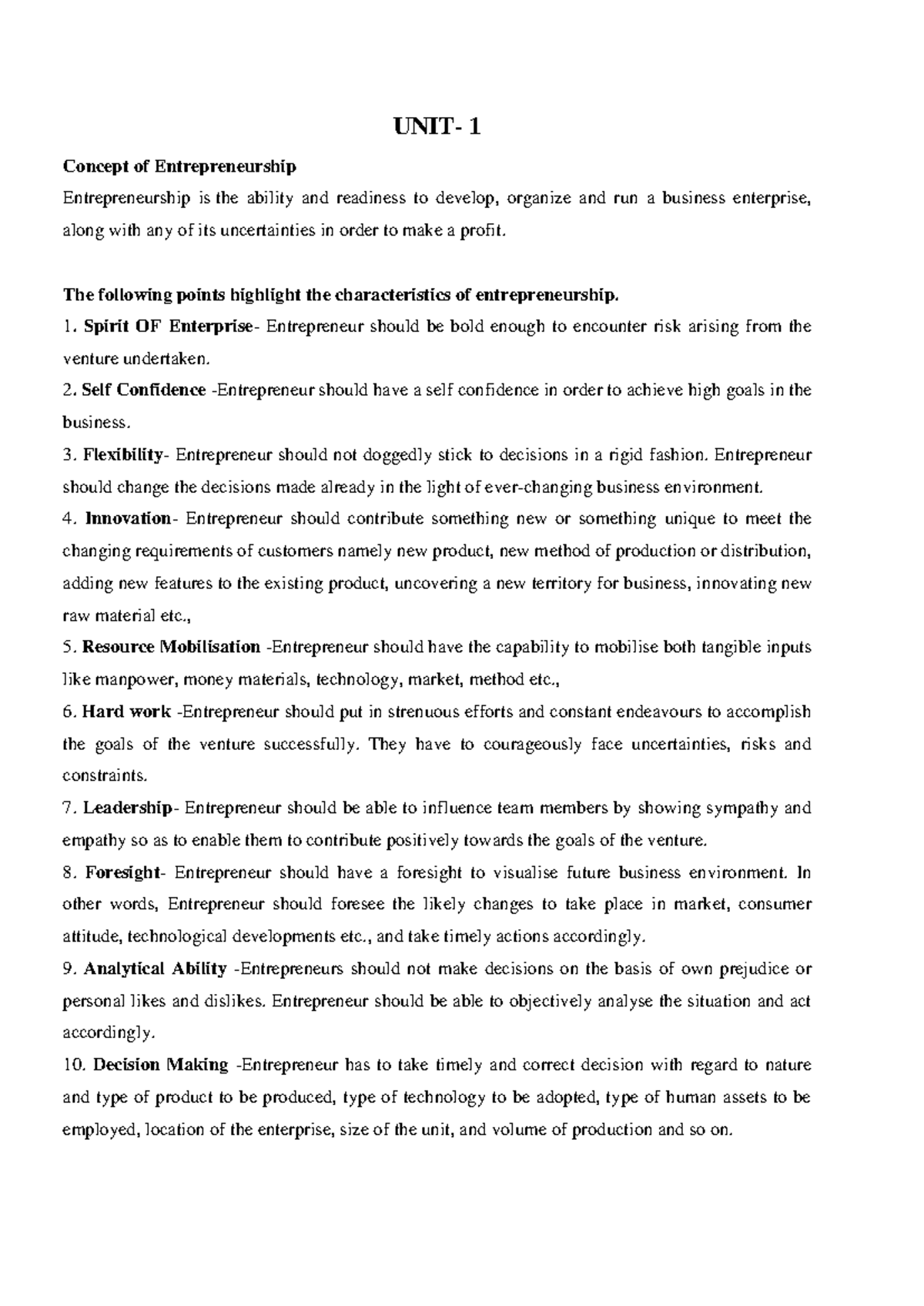 UNIT 1 GEdsdsds - entreprunrship development - UNIT- 1 Concept of ...