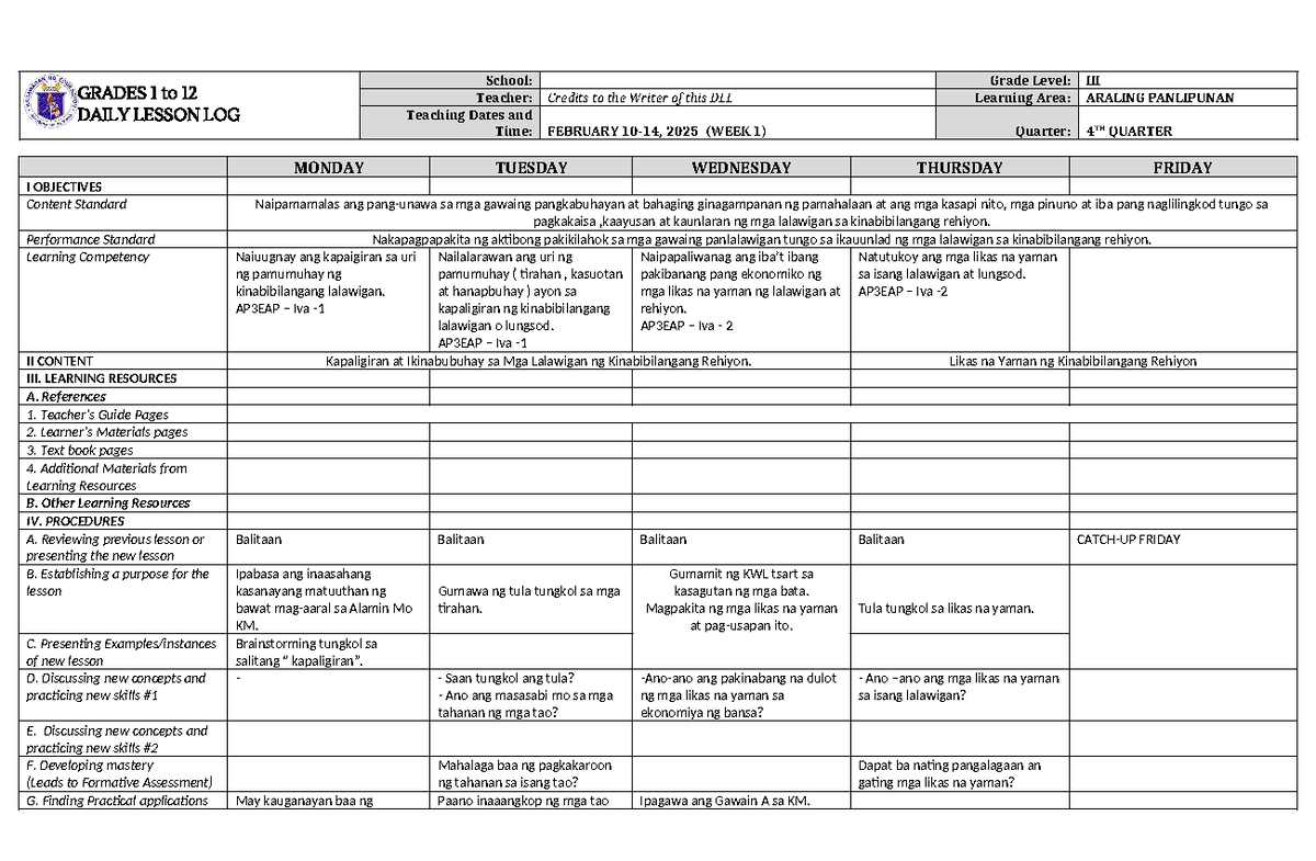 DLL Araling Panlipunan 3 Q4 W1 - GRADES 1 to 12 DAILY LESSON LOG School ...