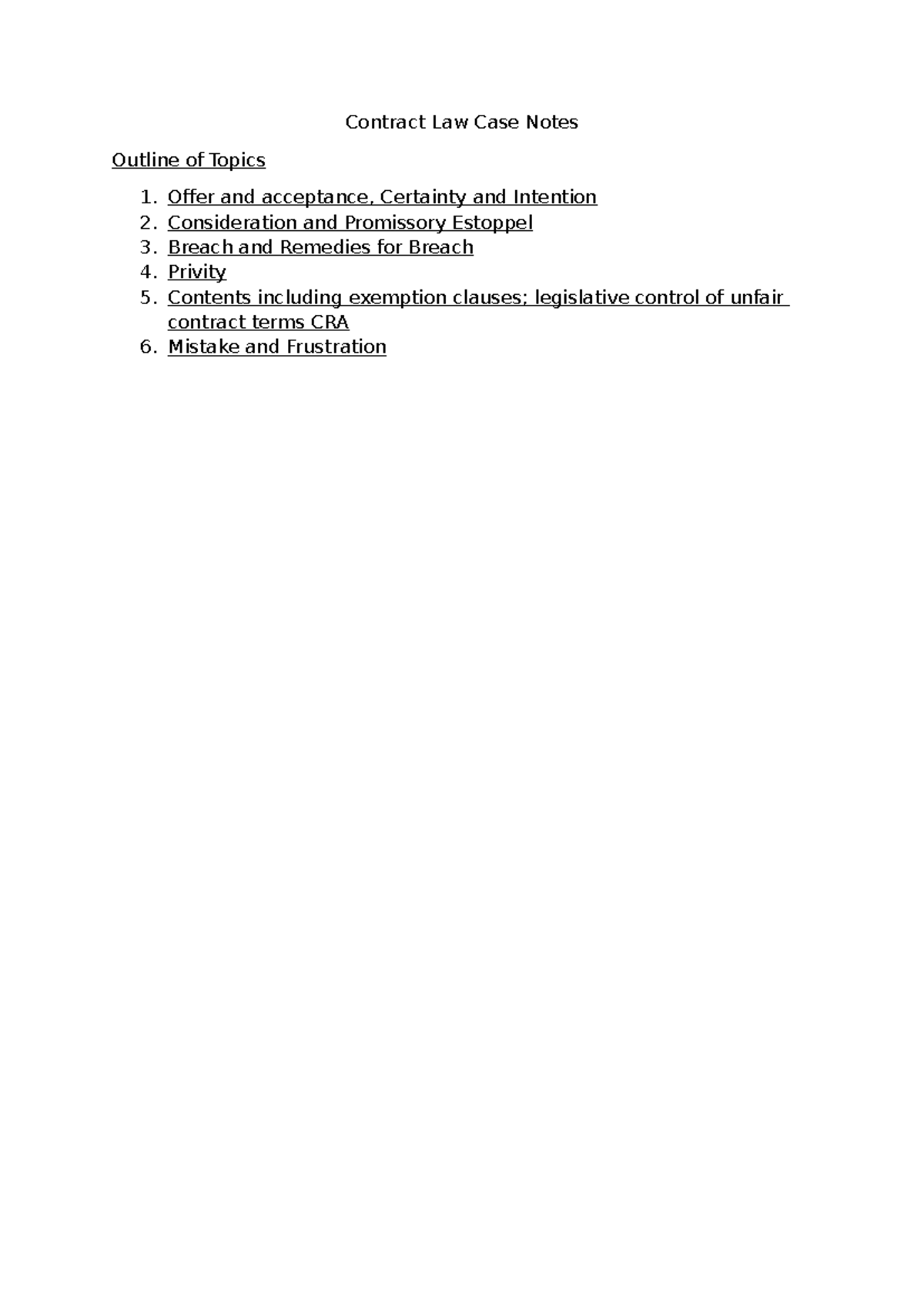 Contract Law Case Notes: Key Topics and Case Summaries - Studocu