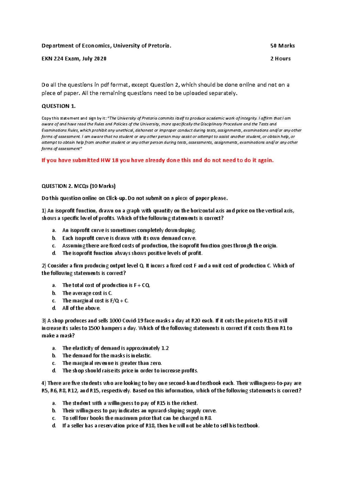 EKN 224 - Economics Final Exam Questions and Answers, July 2020 - Studocu