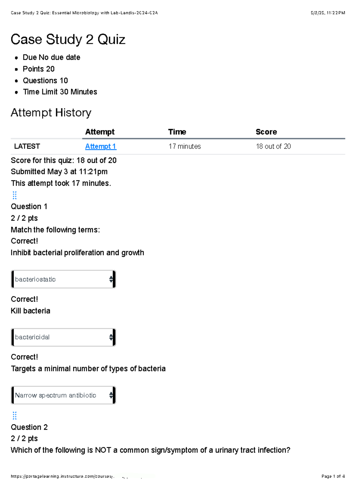 Case Study 2 Quiz: Essential Microbiology w/ Lab 2025 - Score: 18/20 ...