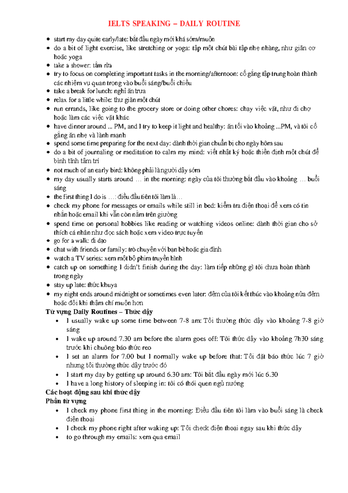 IELTS Speaking: Daily Routine Vocabulary and Tips - Studocu
