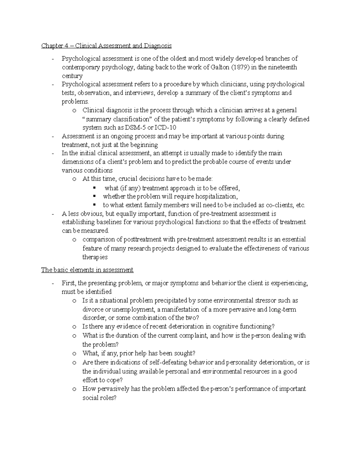 PSYC 435 - Chapter 4 - Notes - Chapter 4 – Clinical Assessment and ...