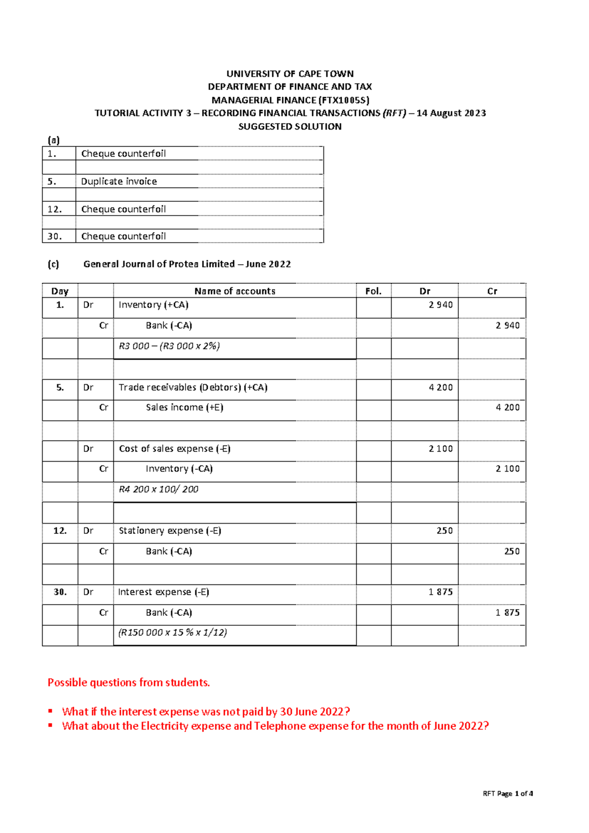 FTX1005S Tutorial Activity 3 - Recording Financial Transactions (RFT ...