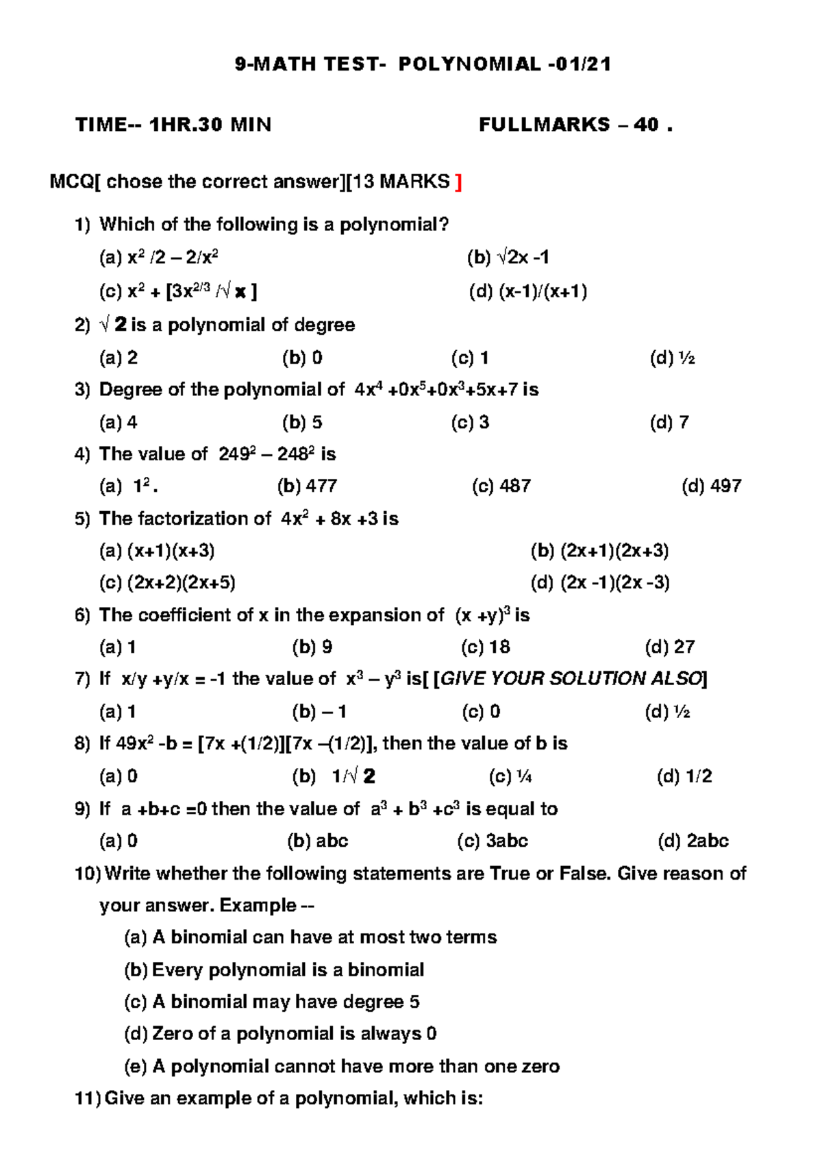 9 TEST MATH POY 01 - Polynomials - 9 - MATH TEST- POLYNOMIAL - 01/ TIME ...