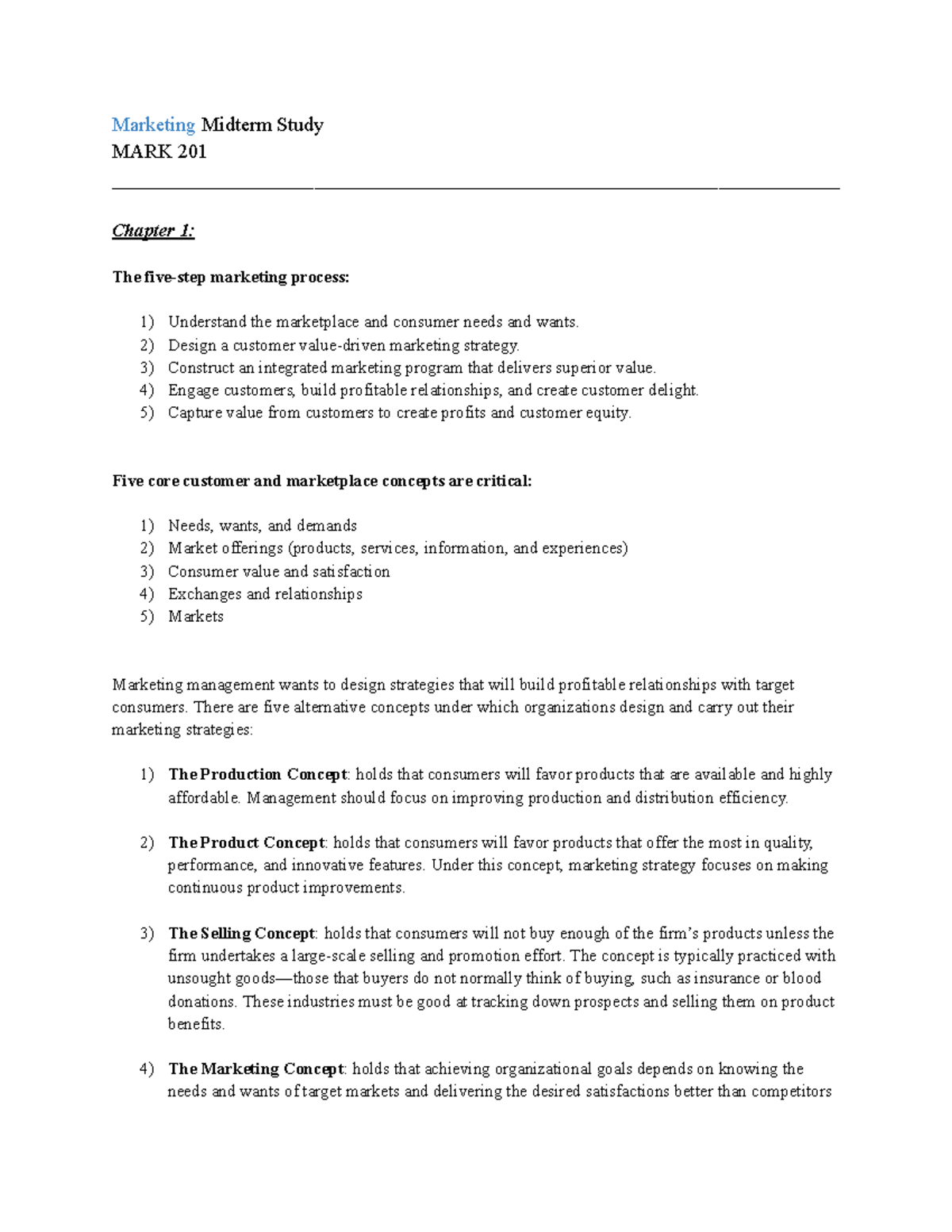 MARK 201 Marketing Midterm Study Guide: Key Concepts and Processes ...