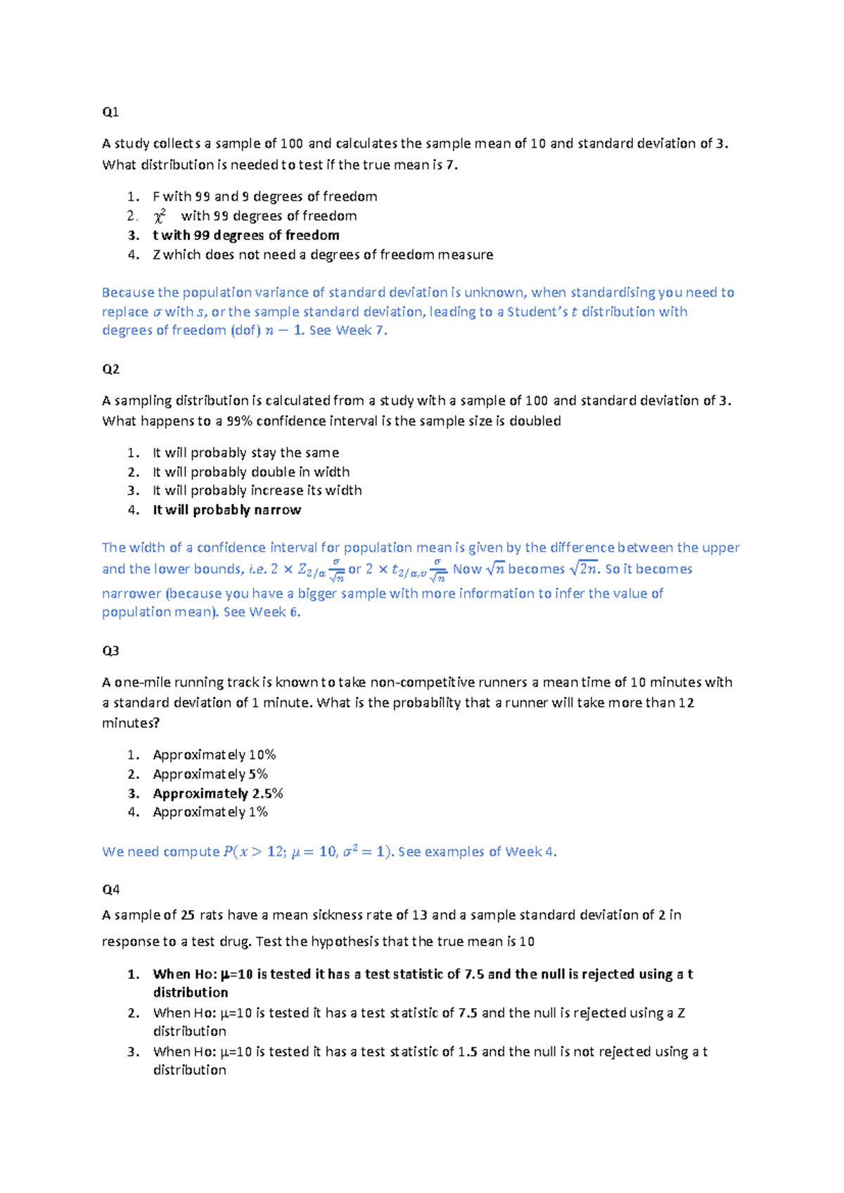 Q1-Q12 Sample Questions and Answers for Statistics Course (STAT101 ...