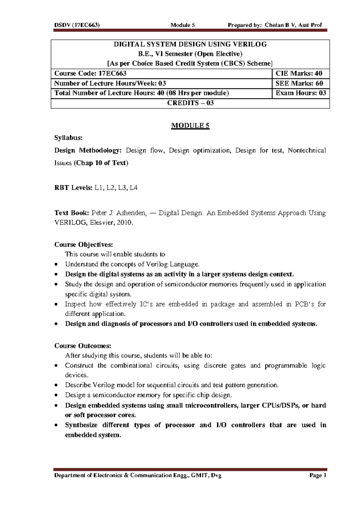 Module 5 DSDV Notes: Design Methodology & Synthesis in Verilog (17EC663 ...
