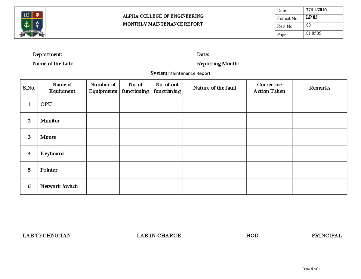 LP 05 - Monthly Maintenance Report Format for Labs - Studocu