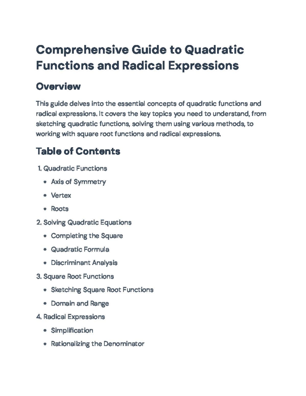 Comprehensive Study Guide: Quadratic Functions & Radical Exp. - Studocu