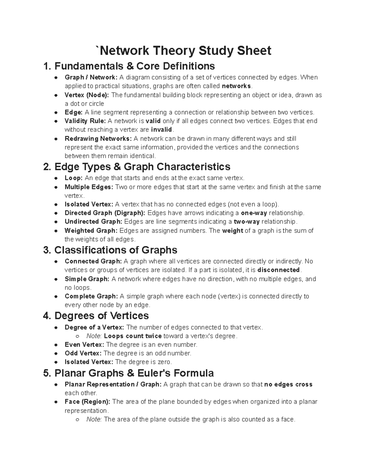 Network Theory Study Sheet: Core Definitions & Graph Types - Studocu