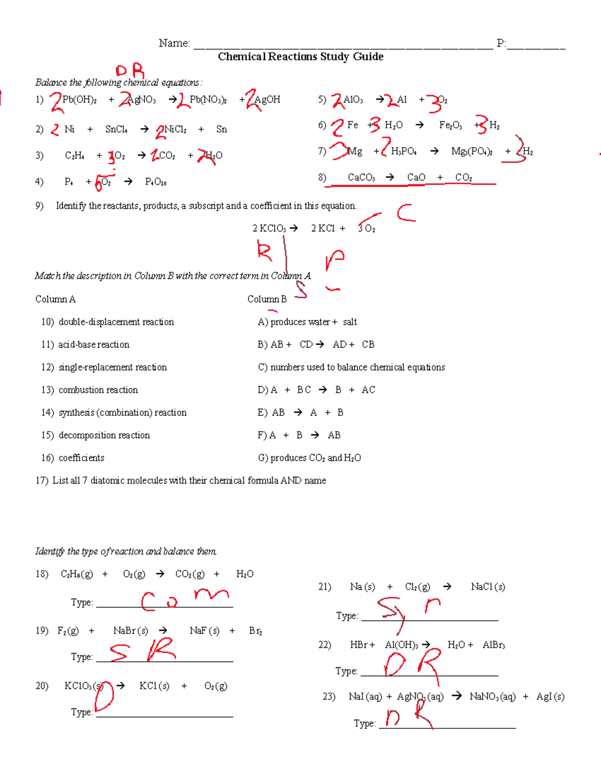 Types of Reactions Study Guide: Balancing Chemical Equations - Studocu